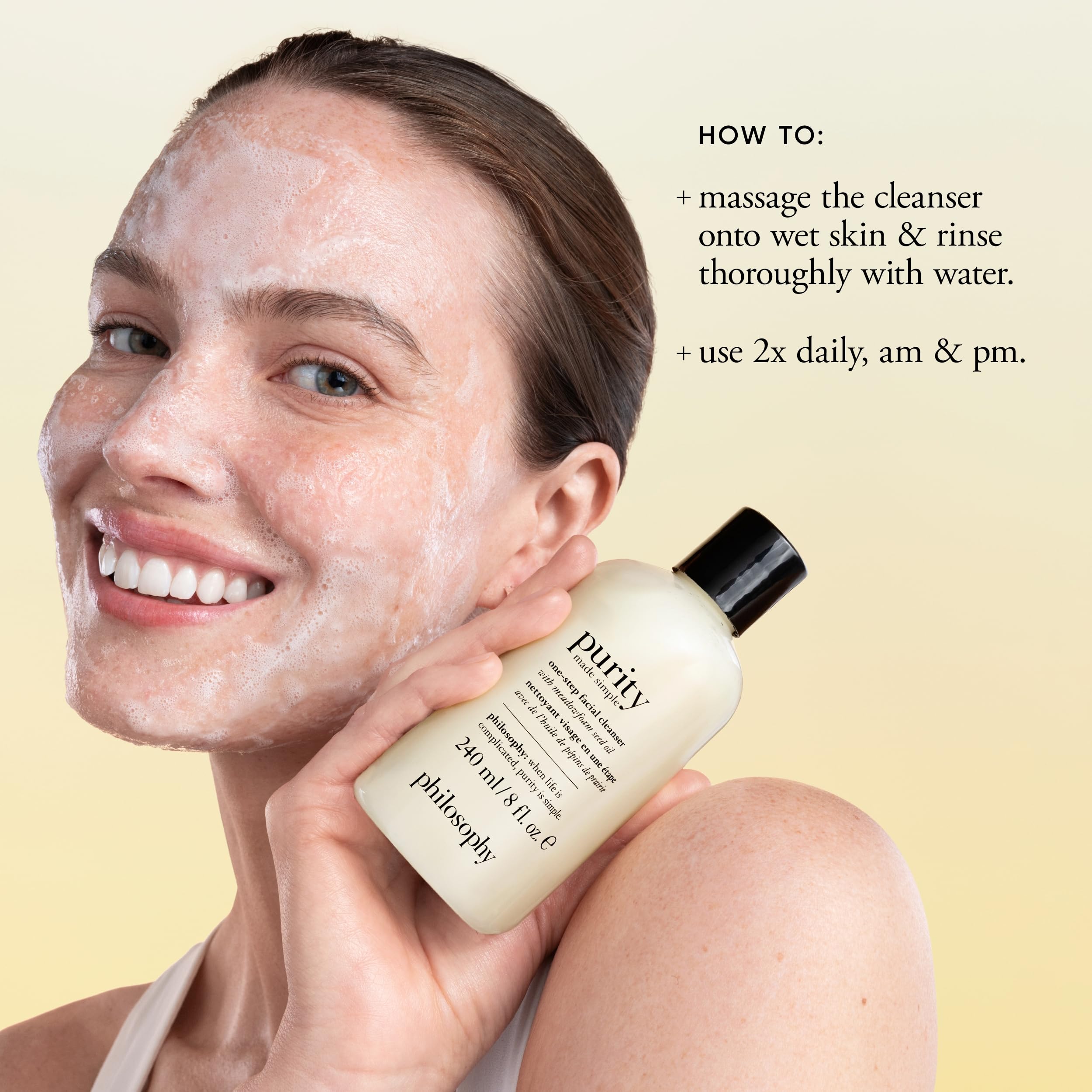 Philosophy Purity Made Simple facial cleanser with meadowfoam seed oil, gently removing dirt, oil, and makeup for clean, refreshed skin.