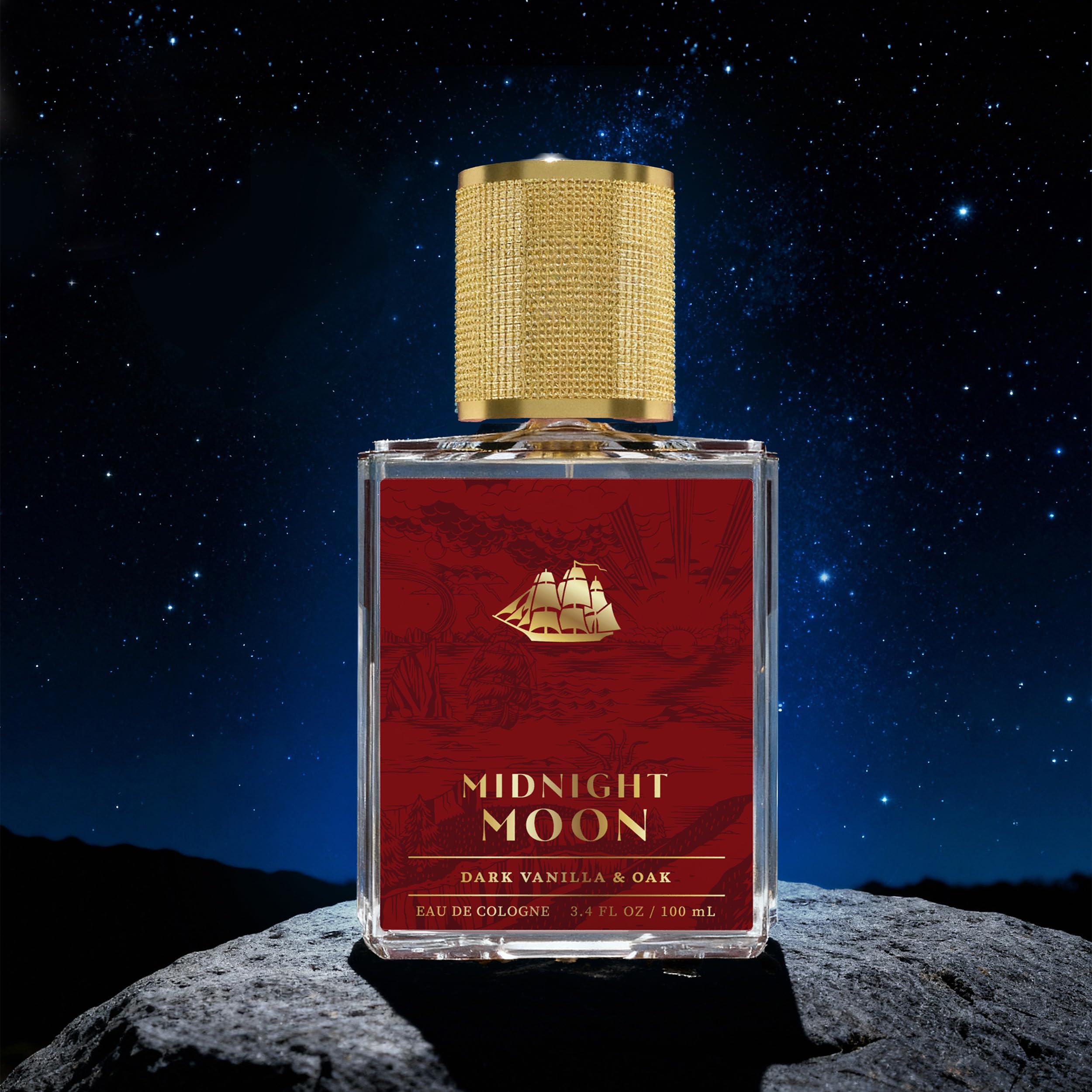 Old Spice Midnight Moon men's cologne bottle, 3.4 fl oz, featuring sleek packaging and dark blue design.