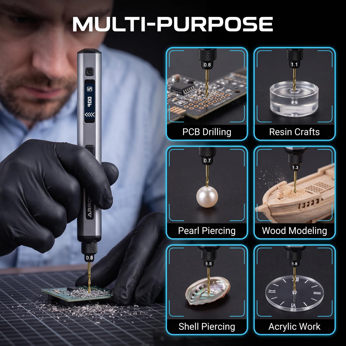ARROWMAX 5-Speed Mini Electric Drill Pen with 20pcs Drill Bits & OLED – full view