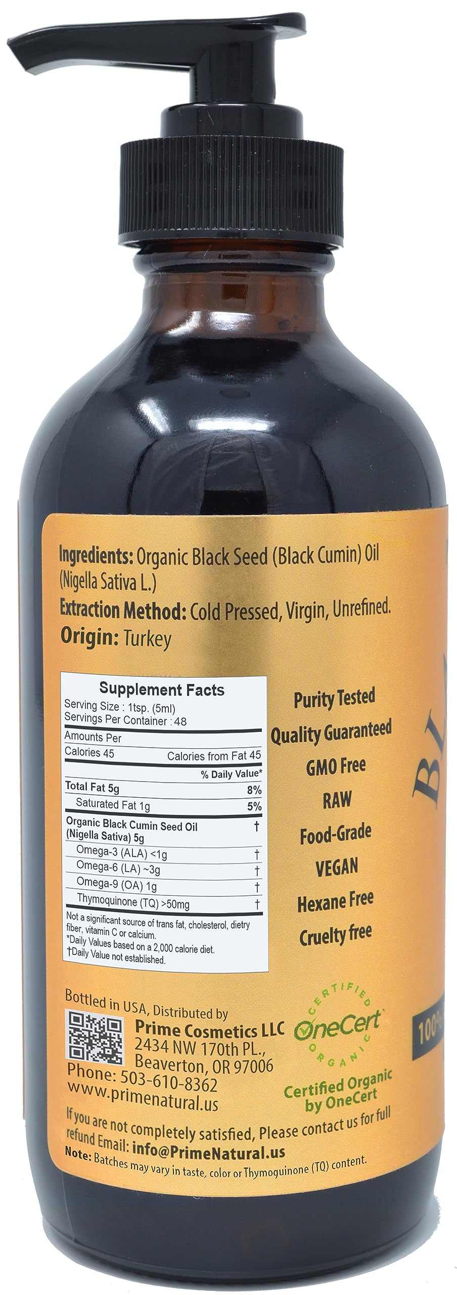 PRIME NATURAL Organic Black Seed Oil Cold Pressed Cumin Seed Oil 8oz