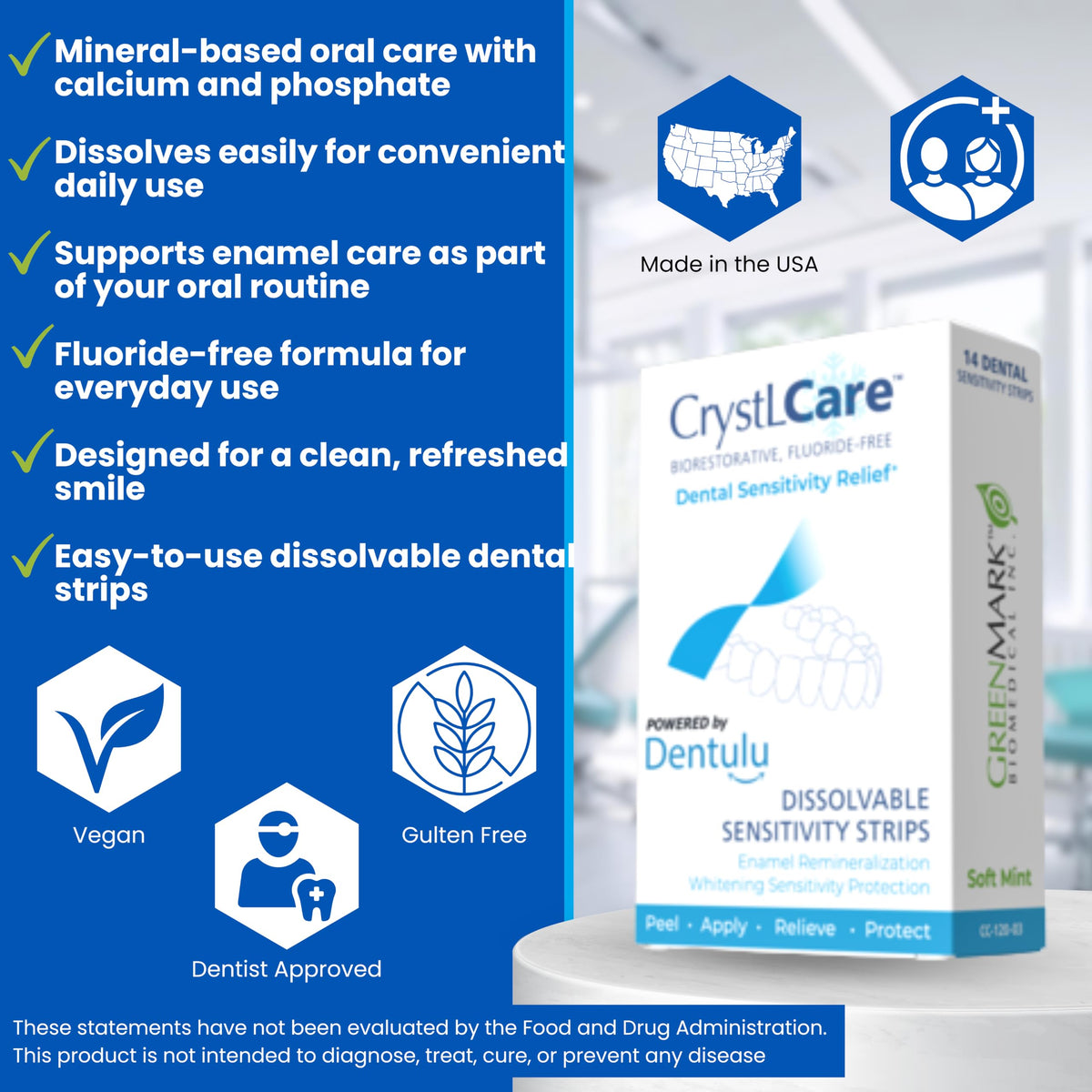 Dentulu CrystLCare Biorestorative Fluoride-Free Dental Strips for Sensitive Teeth, Enamel Support, Remineralization Care