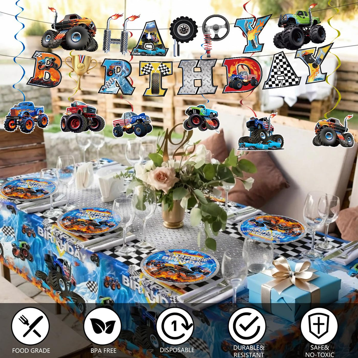 JVORFDG 177pcs Monster Truck Birthday Decorations Plates Napkins Tableware Set