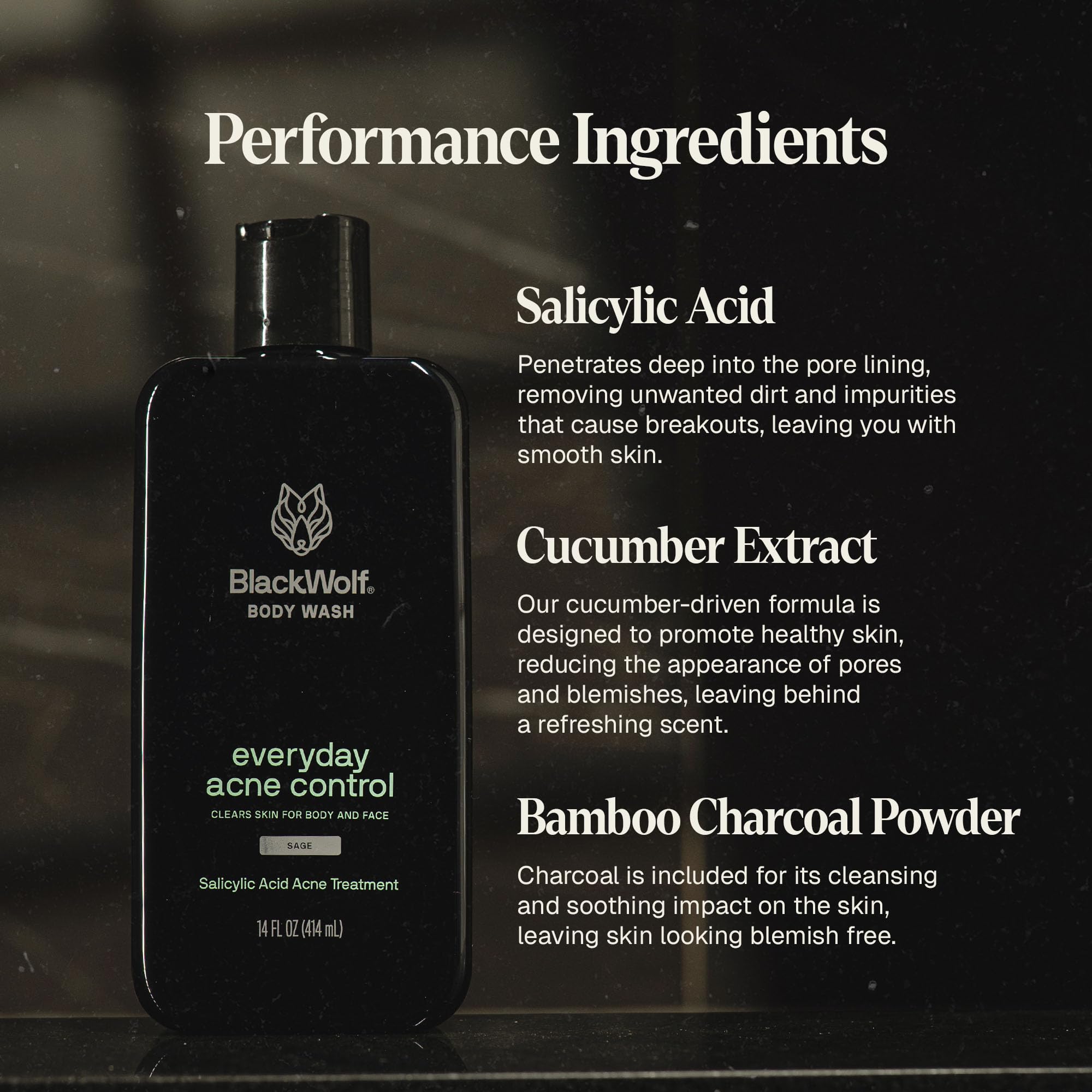 Black Wolf Salicylic Acid Body Wash for Men, a 14 fl oz skin cleaning agent with a black bottle and pump dispenser.