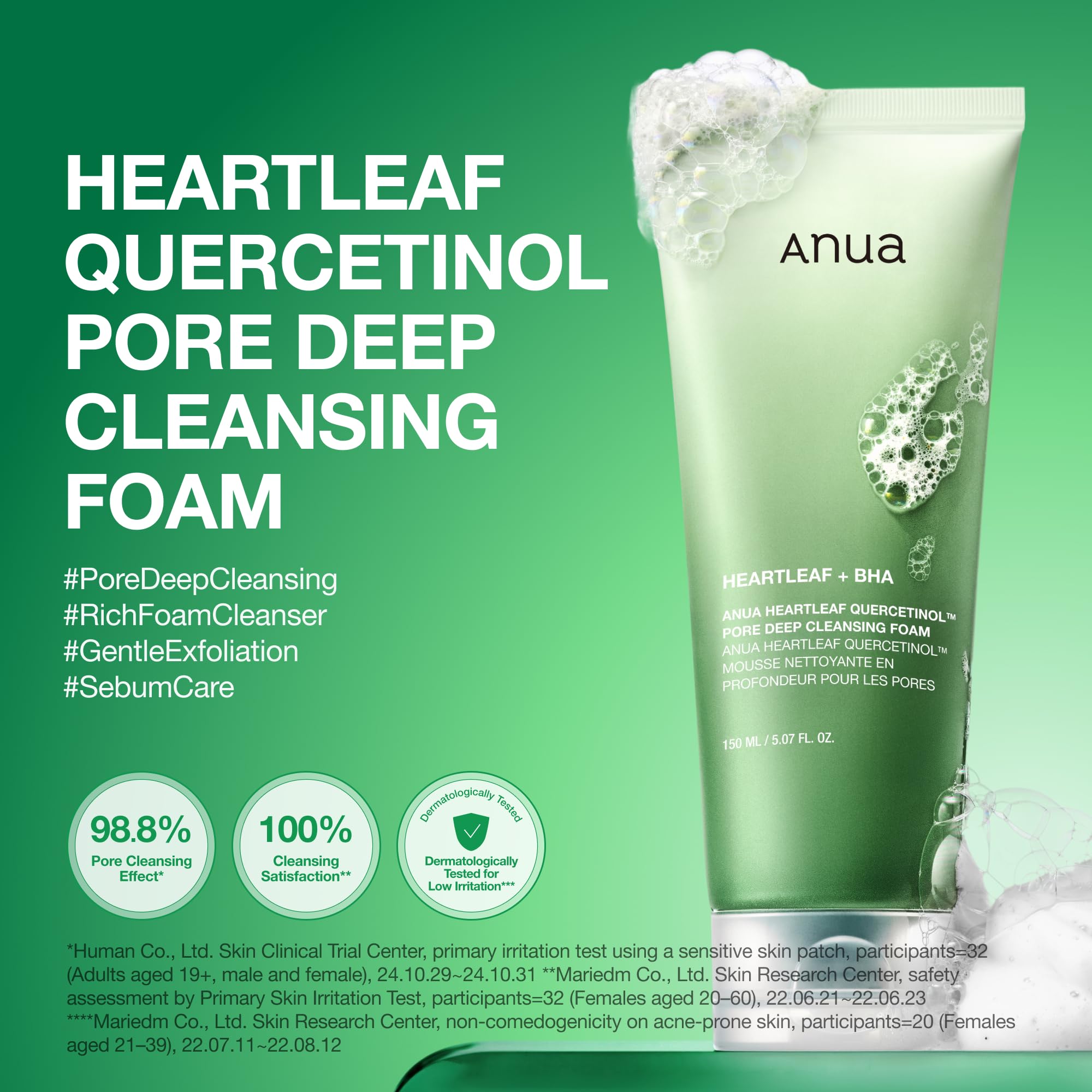 ANUA Heartleaf Quercetinol Pore Deep Cleansing Foam, 5.07 fl oz, showing the foaming cleanser in a clear bottle with label.