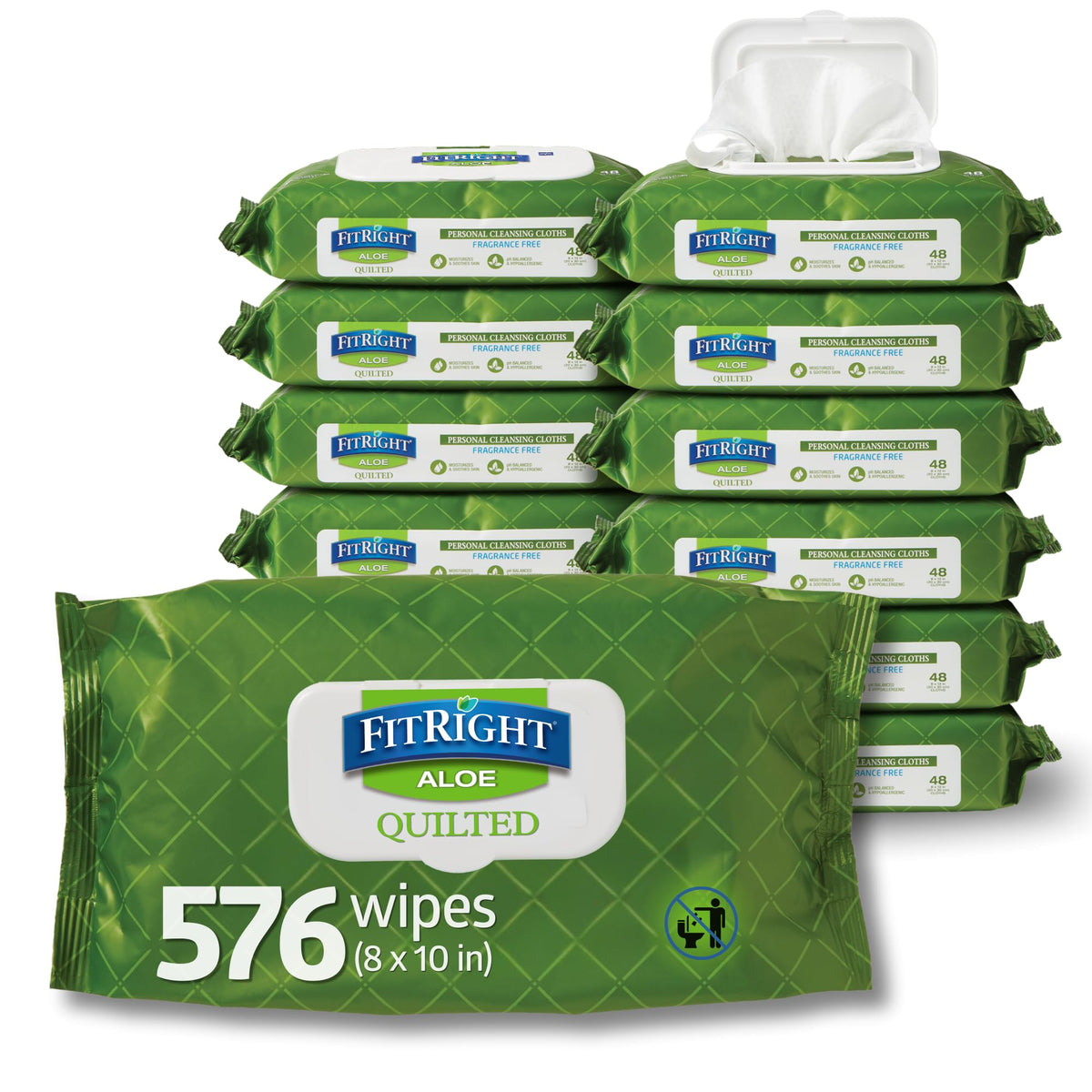 Medline FitRight Aloe Quilted Heavyweight Personal Cleansing Cloth Wipes, Unscented, 576 Count, 8 x 12 inch Adult Large 