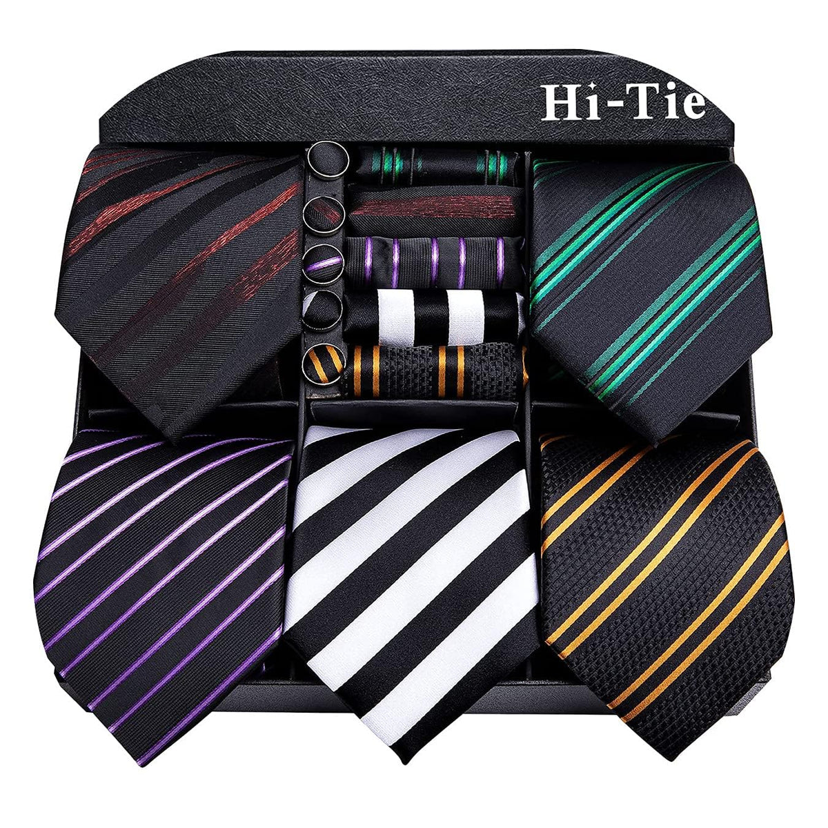 Hi-Tie Lot 5 Pcs Gift Box Mens Tie Set Necktie with Pocket Square Cufflinks Silk Neck Tie Collection – product photo (Ti