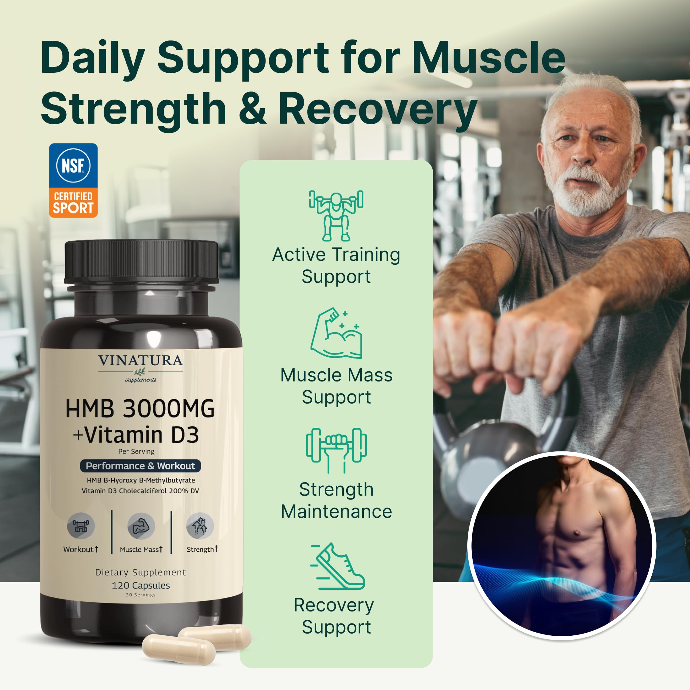 VINATURA HMB 3000mg + Vitamin D3 1600IU 120 Capsules