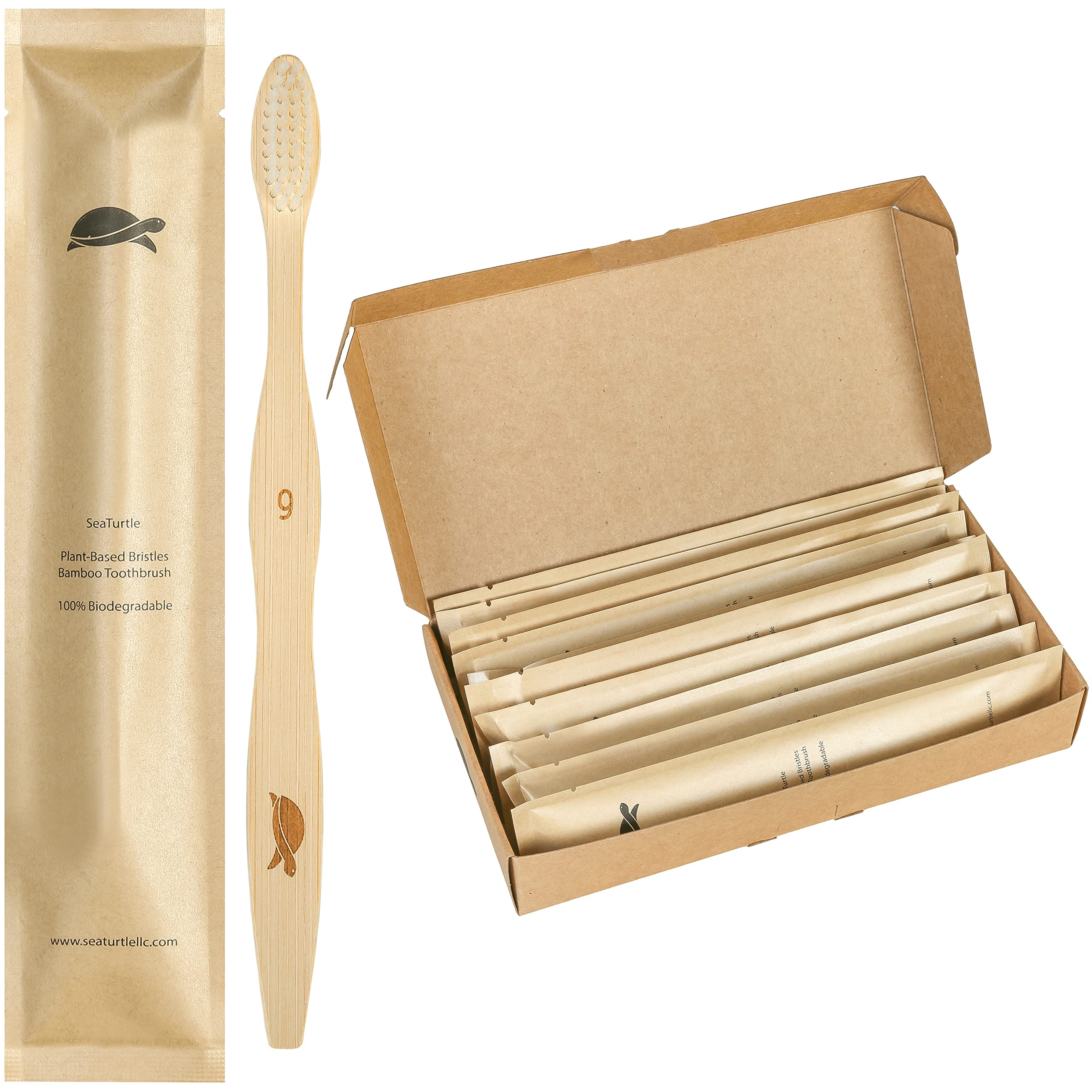 Set of 10 Sea Turtle soft bamboo toothbrushes with plant-based bristles, eco-friendly oral hygiene tools for gentle cleaning.