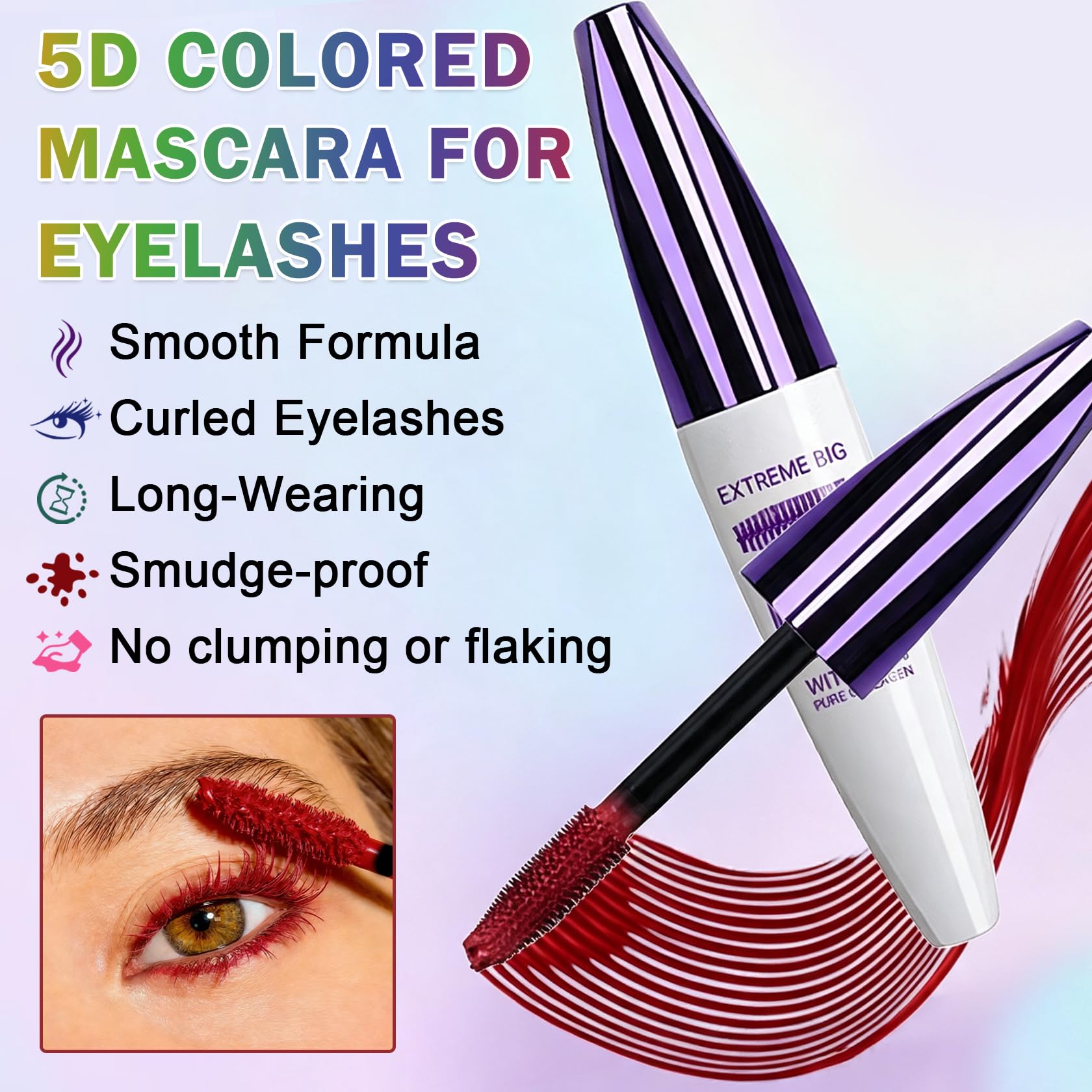 Rosawee ROSAWEE 5D Blue Mascara wand with waterproof formula, showing voluminous and lengthened eyelashes.