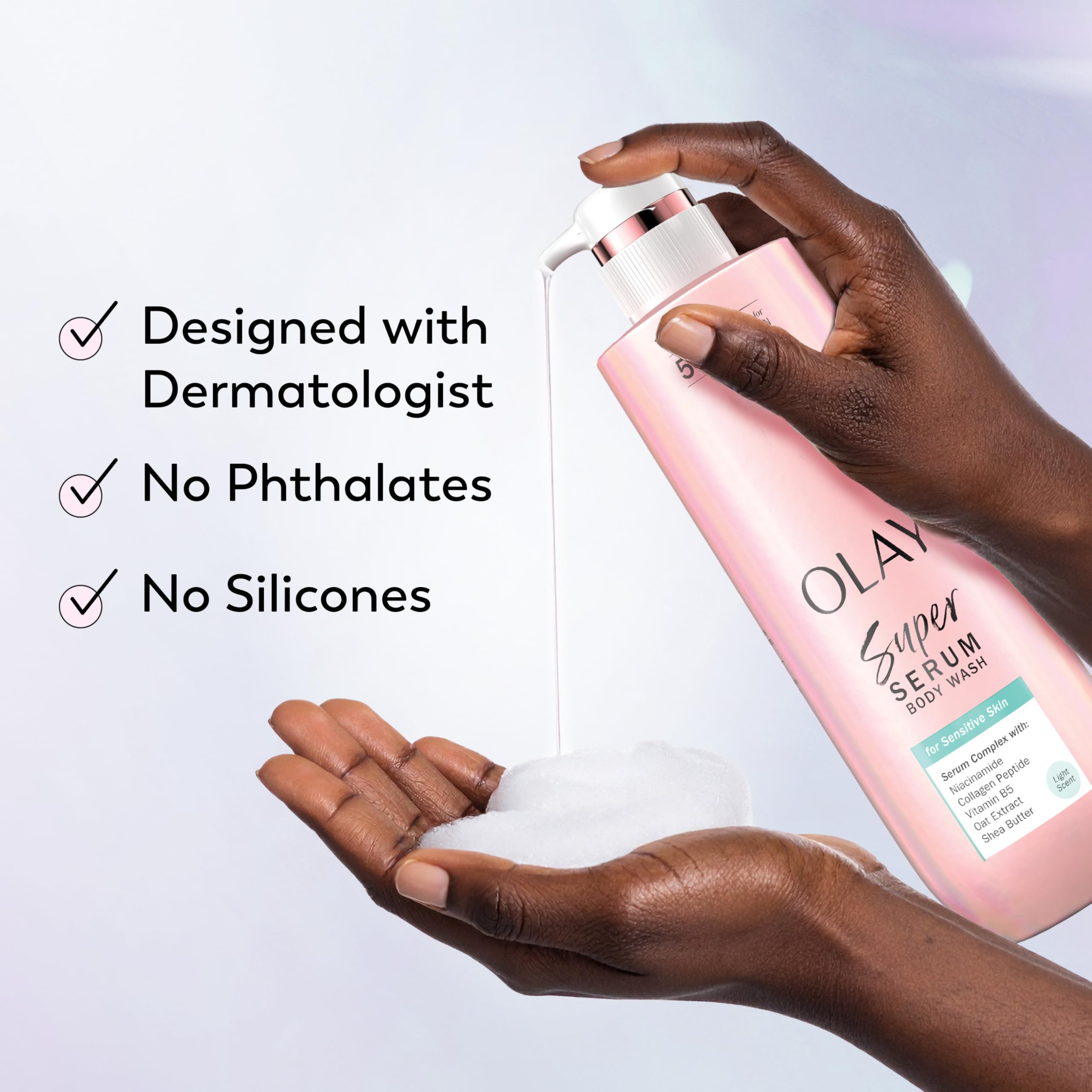 Olay Super Serum Body Wash for sensitive skin with collagen, vitamin B5, and shea butter, 20 fl oz, showing the bottle and product label.