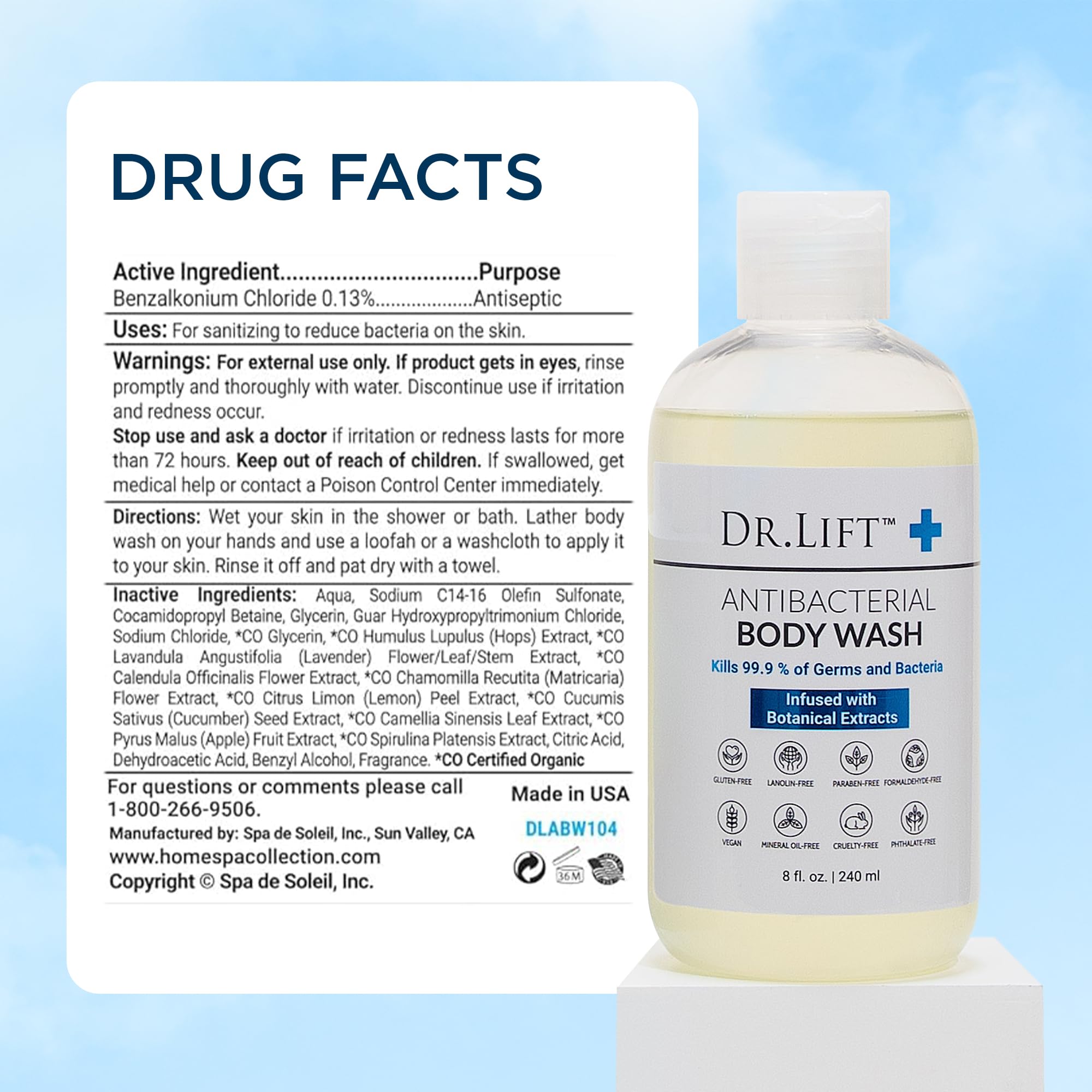 Dr. Lift antibacterial body wash bottle with lemon and spirulina, vegan skin cleaning agent in 8 fl oz size.
