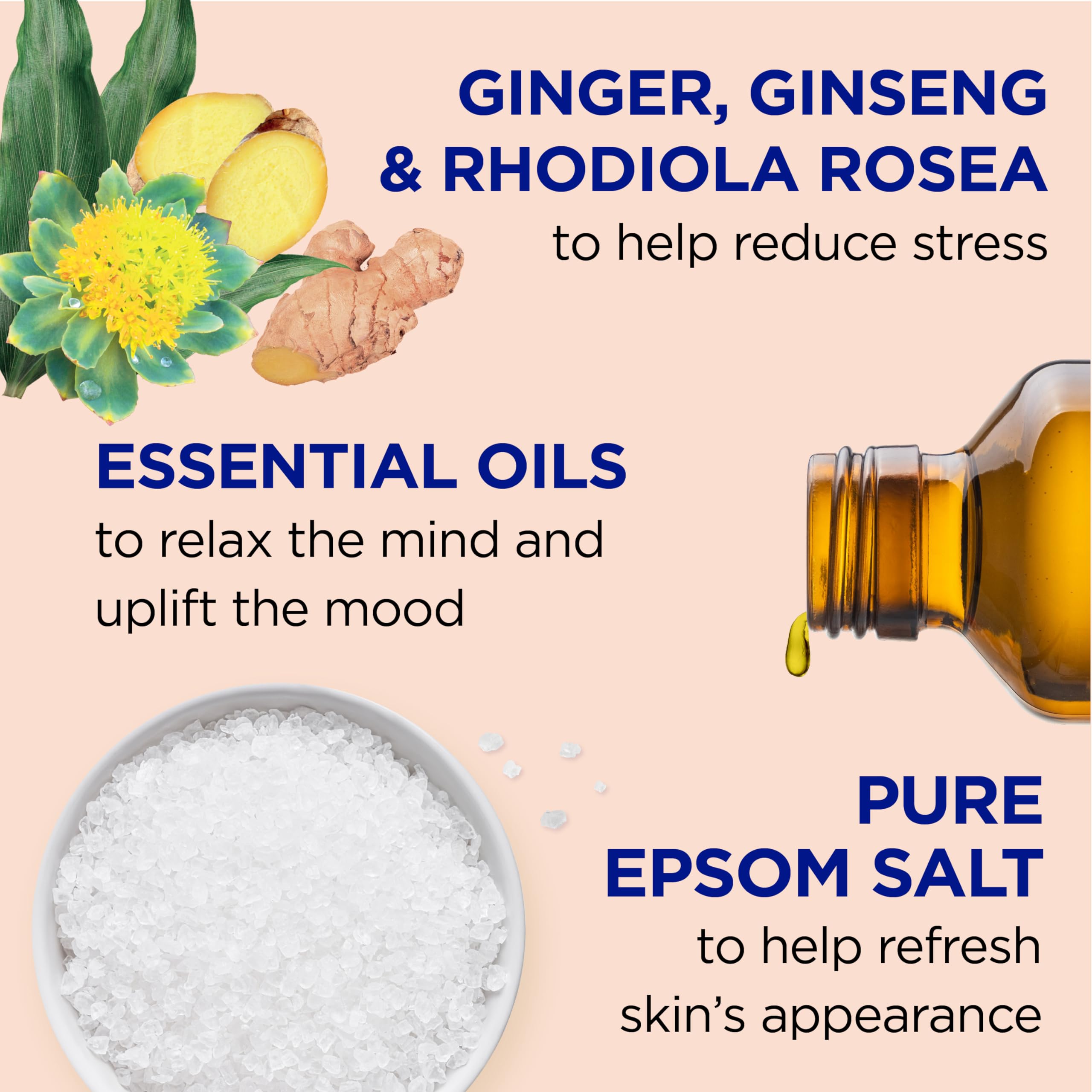Dr Teal's foaming bath with pure Epsom salt, ginseng, and ginger in a 34 fl oz bottle, shown in a pack of four for stress relief.