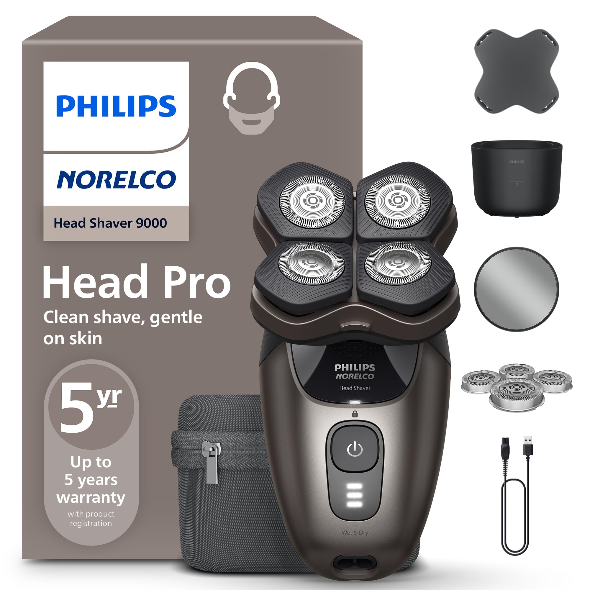 Philips Norelco Head Shaver Pro 9000 electric shaver with sleek design and multiple shaving heads for a clean, gentle shave.