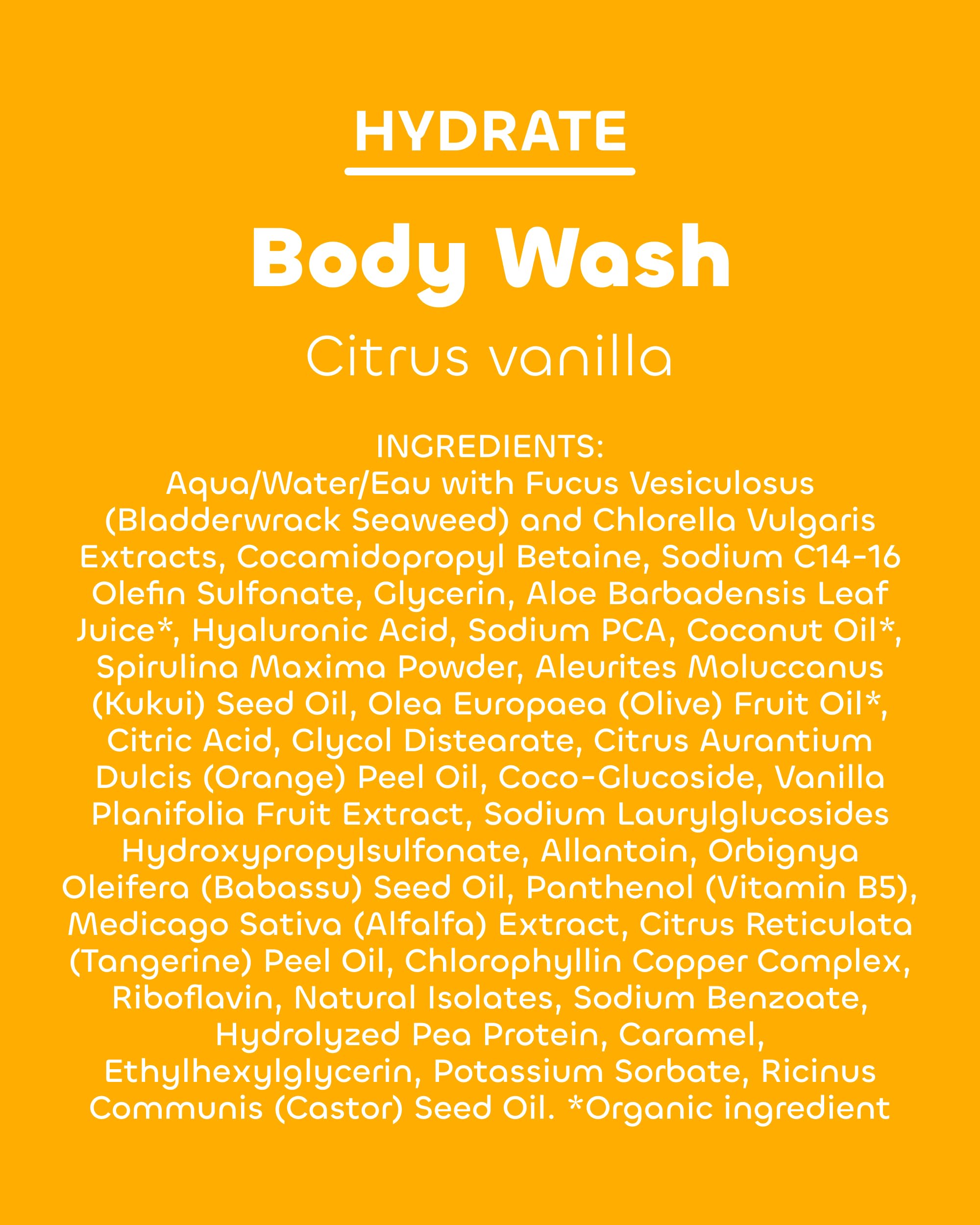 Seaweed Bath Co. Hydrate Body Wash with citrus and vanilla scent in 12oz bottle, showcasing the product bottle with label details.