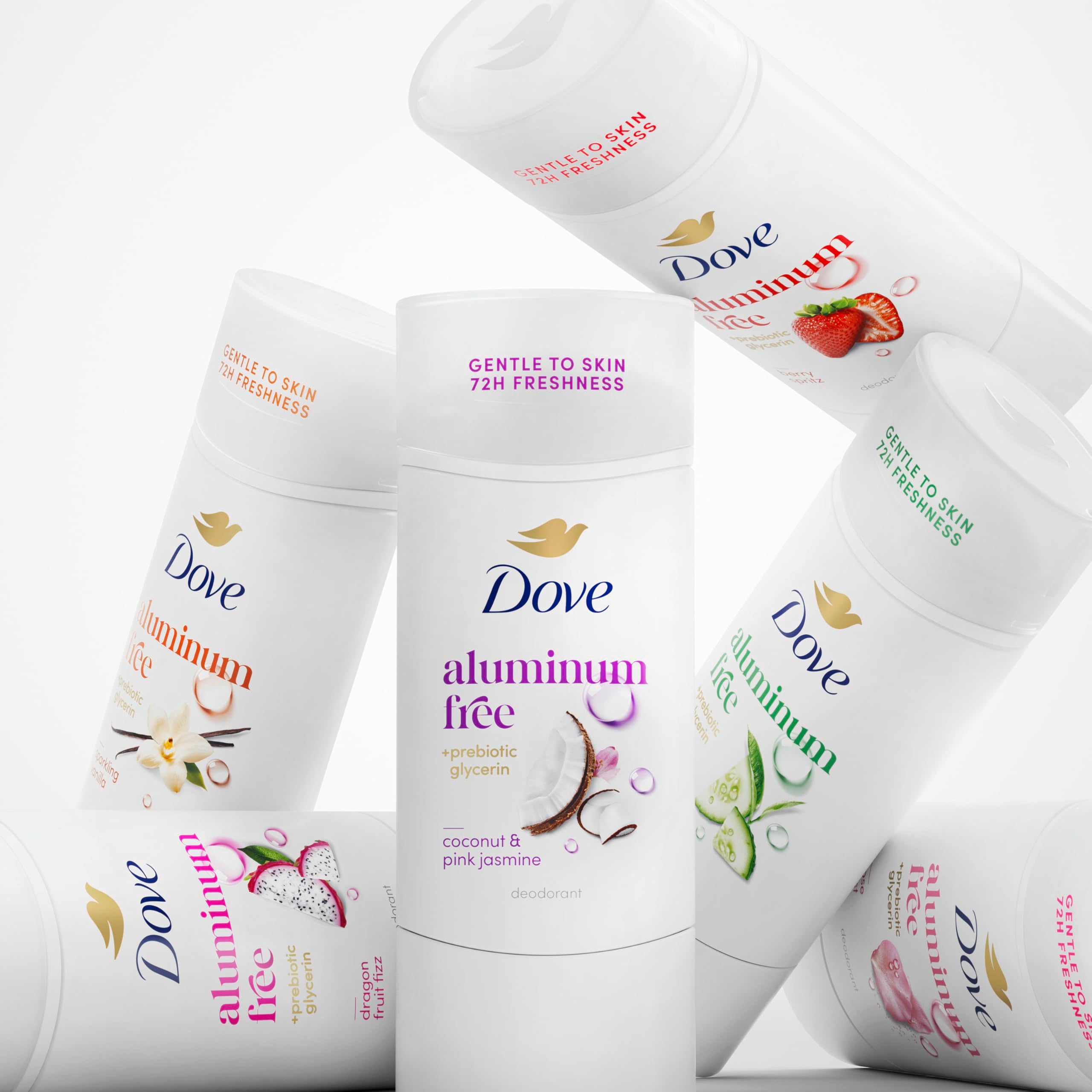 Dove aluminum-free deodorant stick in coconut and pink jasmine scent, 2.4 oz, shown with the deodorant stick and packaging.