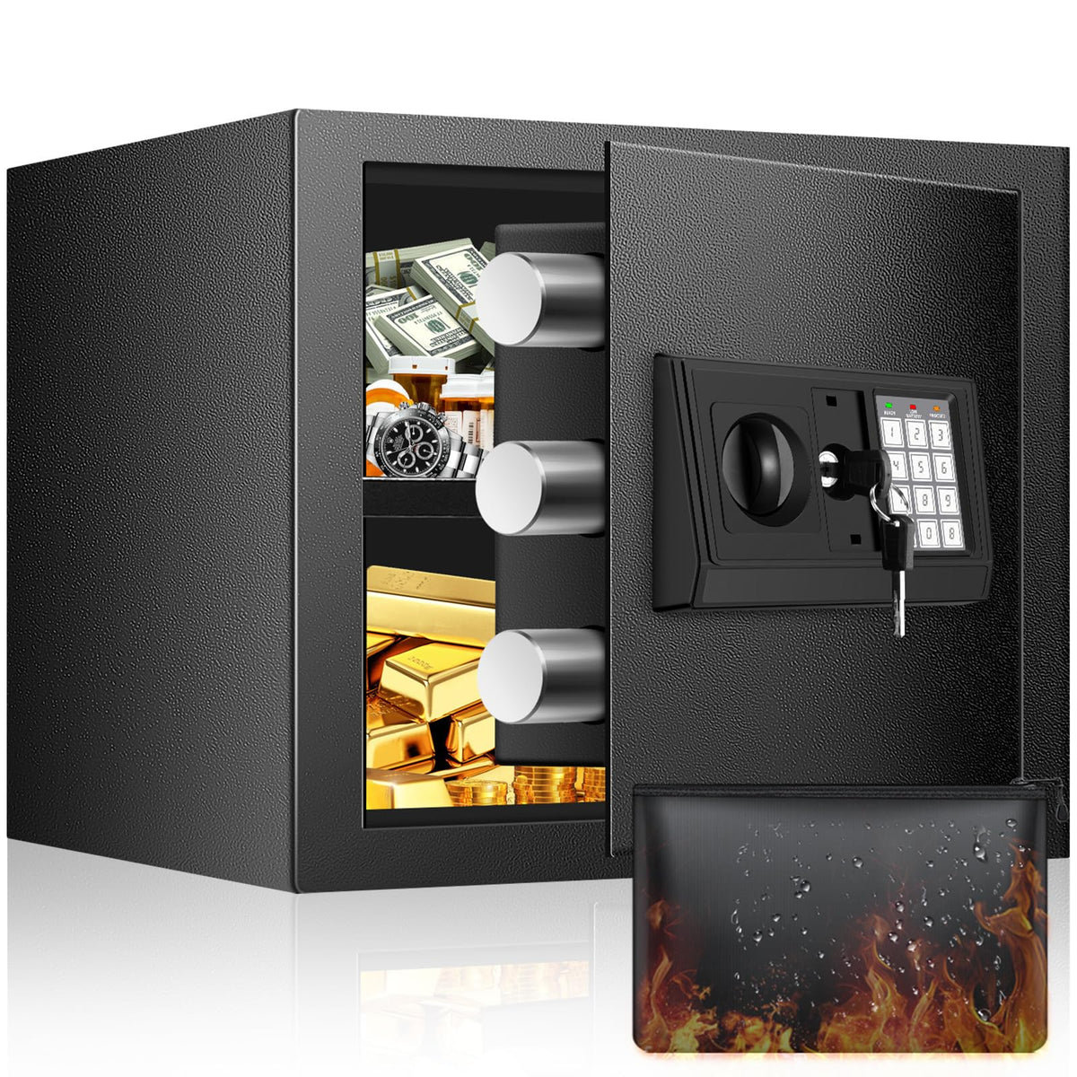 FOWORE 9.84'' H Home Safe Box, Small Safe with Fireproof Waterproof Bag – Black, Alloy Steel