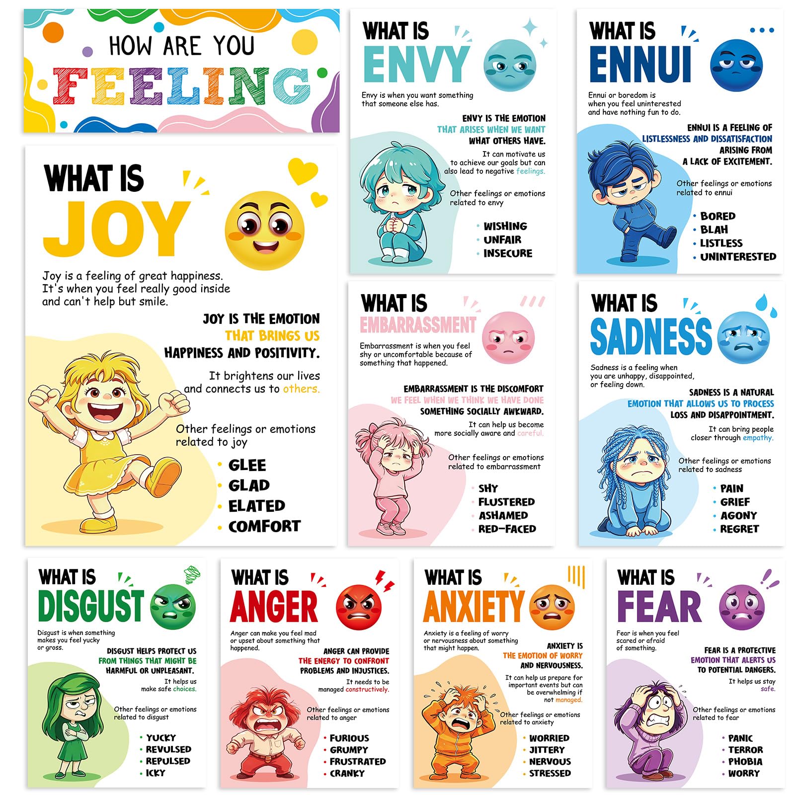10PCS How Are You Feeling Posters for Classroom Mental Health - Product Imagery