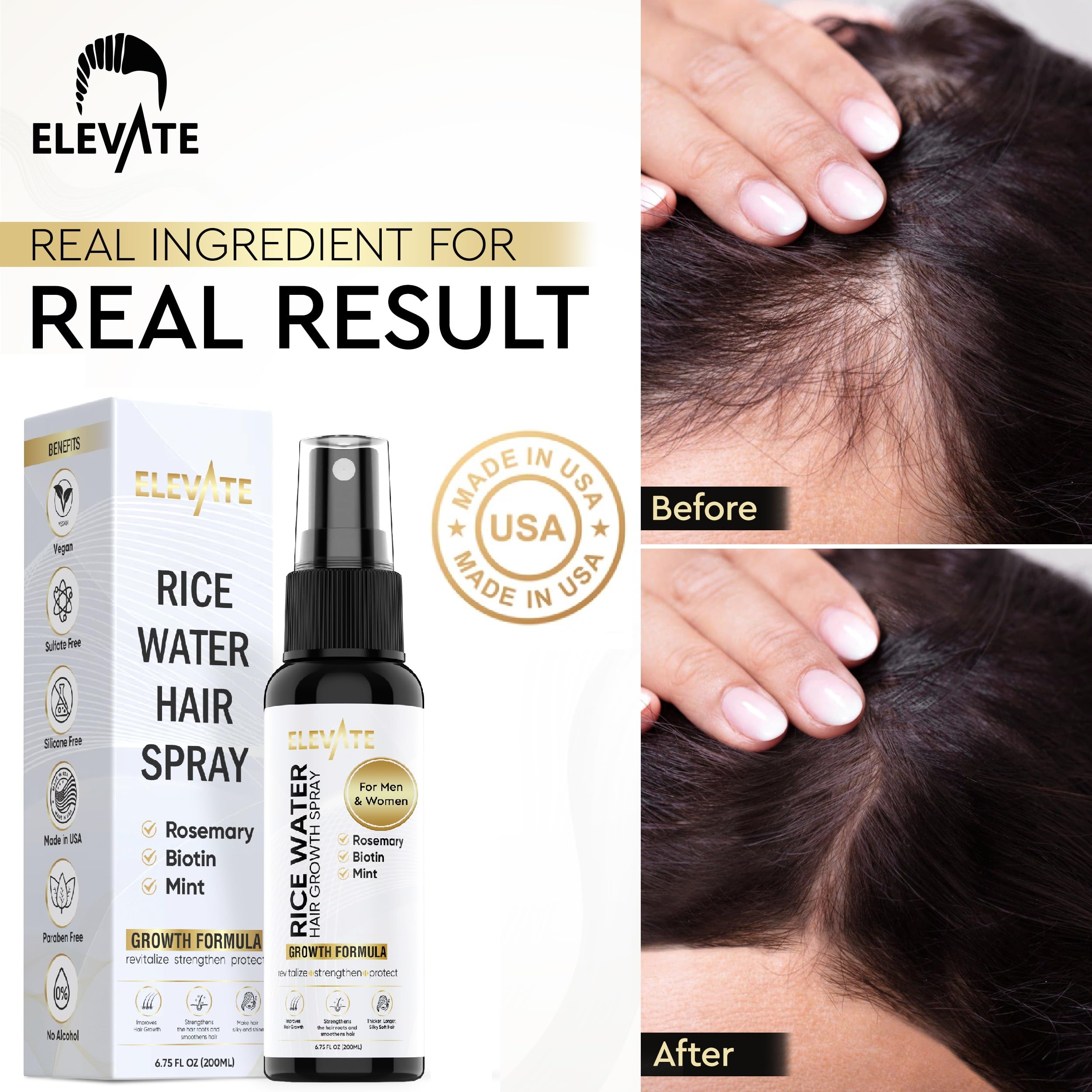 Elevate Rice Water Spray for Hair Growth with fermented rice water, rosemary, and biotin in a vegan leave-in treatment for healthier hair.