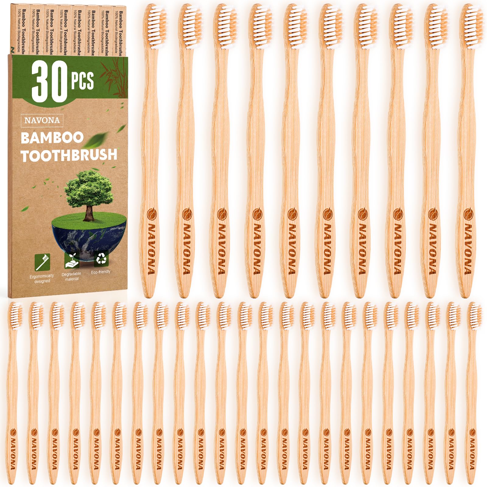 30 PCS Bamboo Toothbrushes Pack, Natural & Eco-Friendly Wooden - Product Imagery