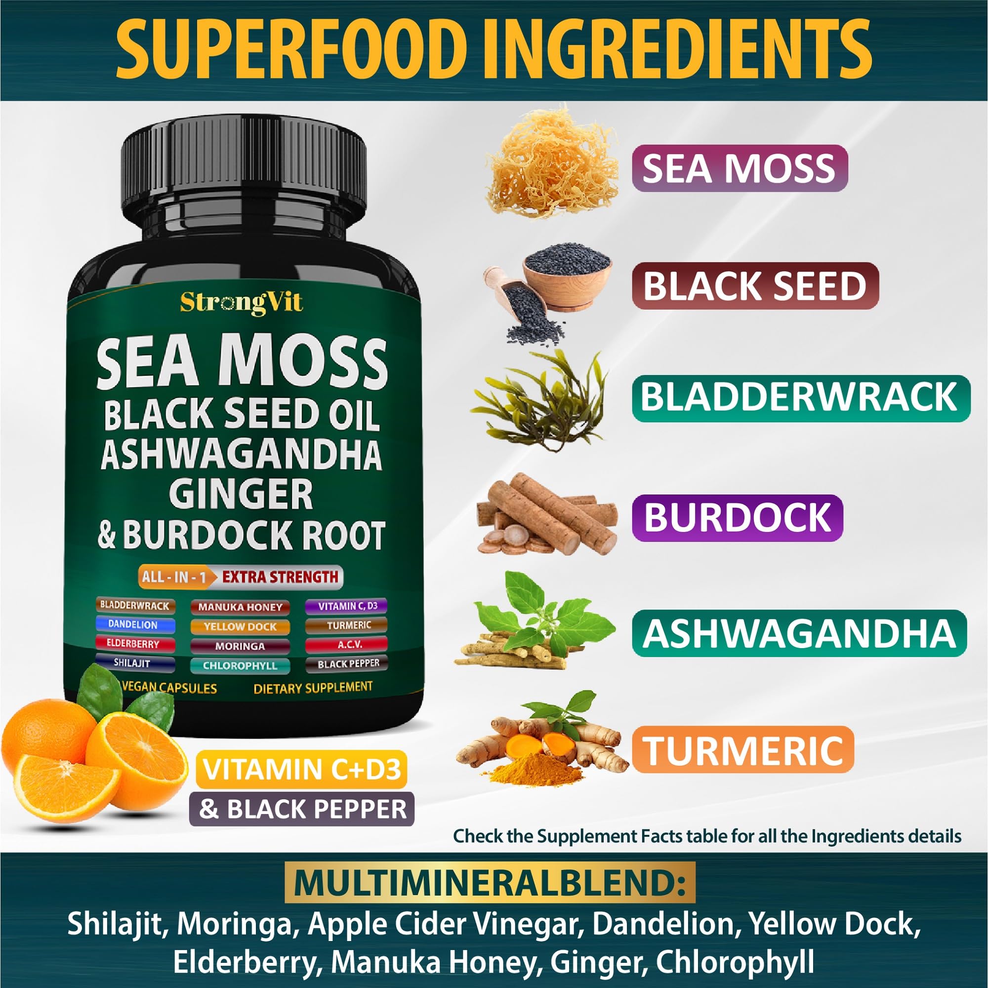 Sea Moss Black Seed Oil Ashwagandha Ginger, Organic Seamoss - 120 Capsules