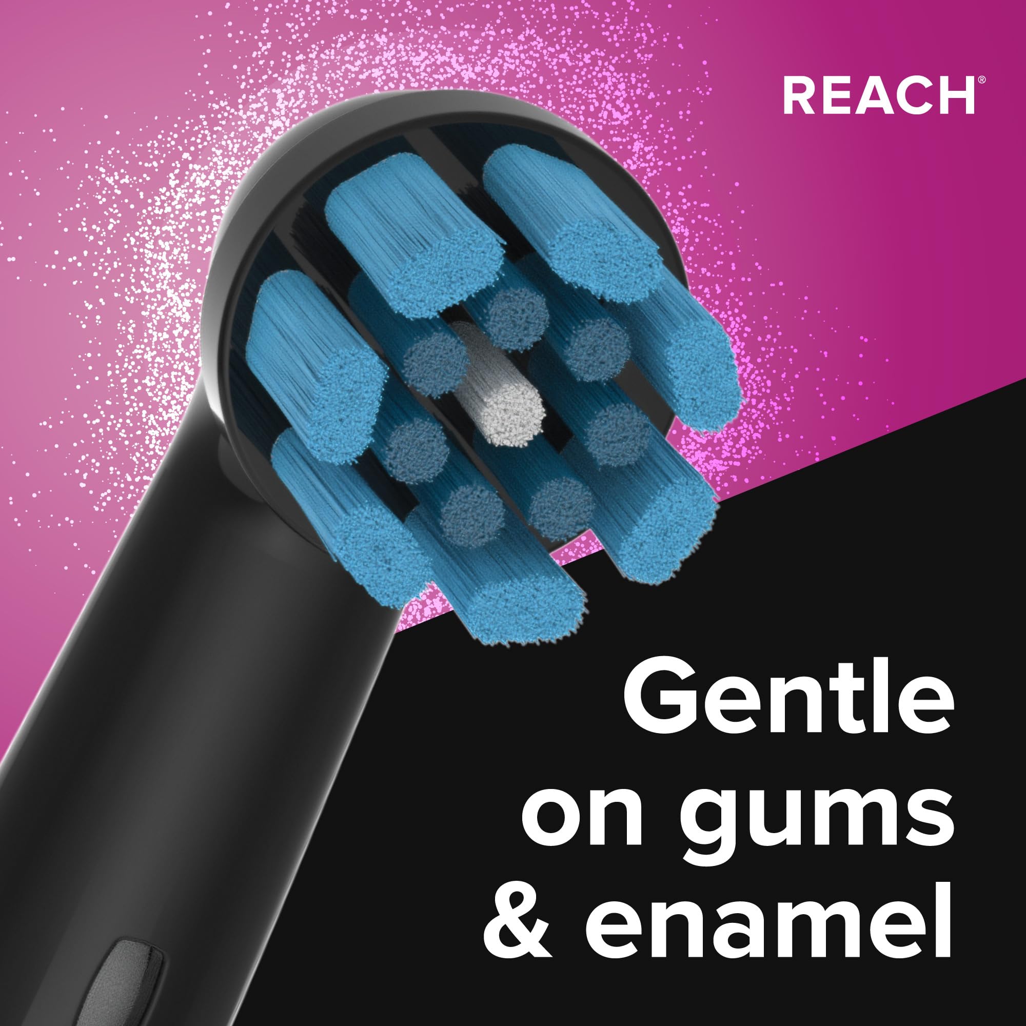 Reach Trios Sensitive replacement heads for Oral-B iO electric toothbrush showing three toothbrush heads with soft bristles.