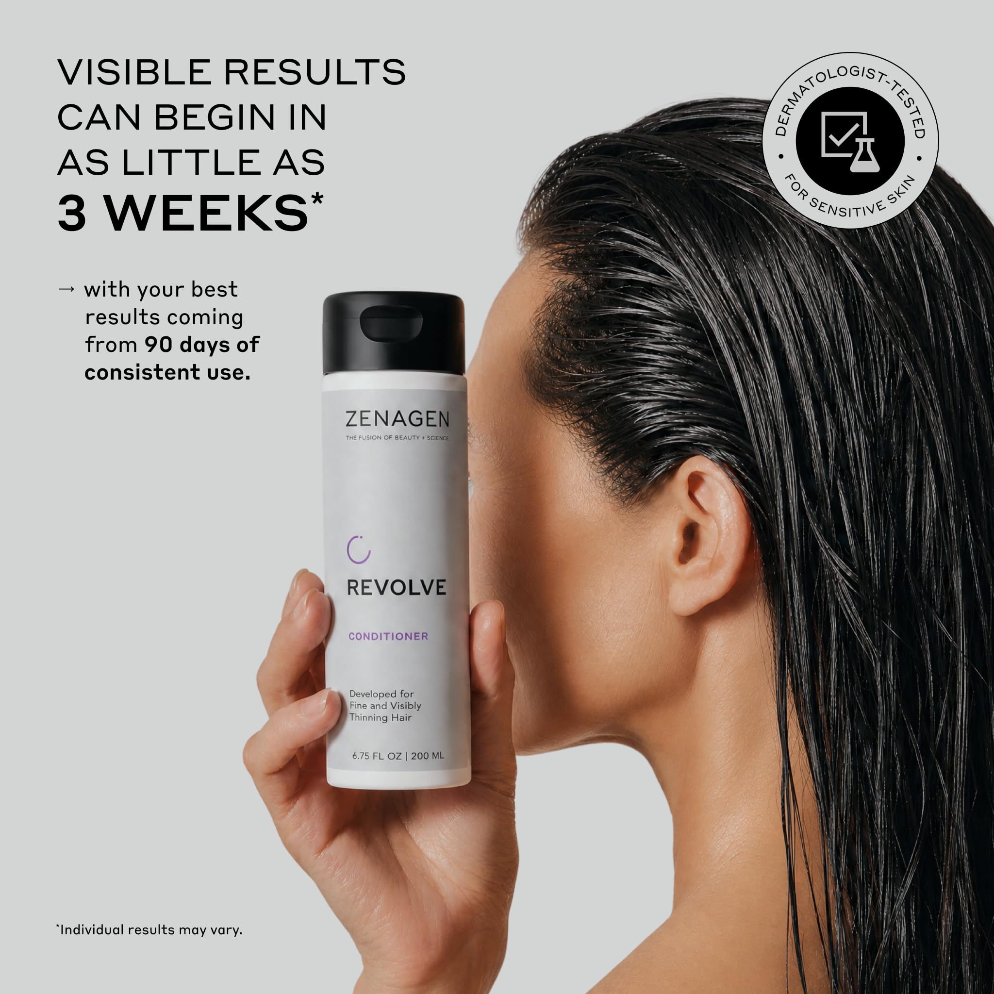 Zenagen Revolve unisex conditioner bottle with 6.75 fl oz label, showcasing the topical hair regrowth treatment for healthier hair.