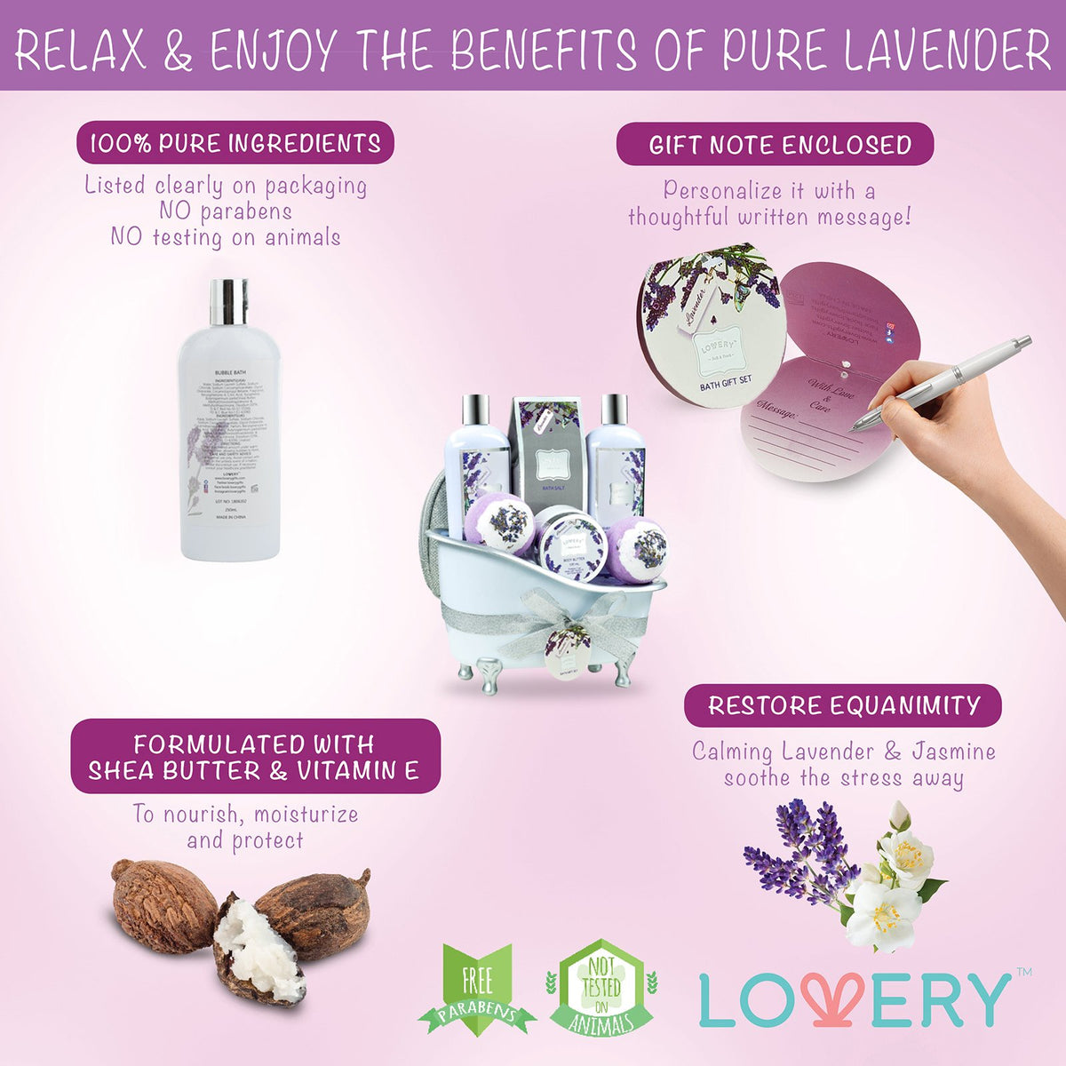 LOVERY Bath Gift Basket Set for Women: Relaxing at Home Spa Kit Scented - Lavender and Jasmine with Large Bath Bombs, Sa