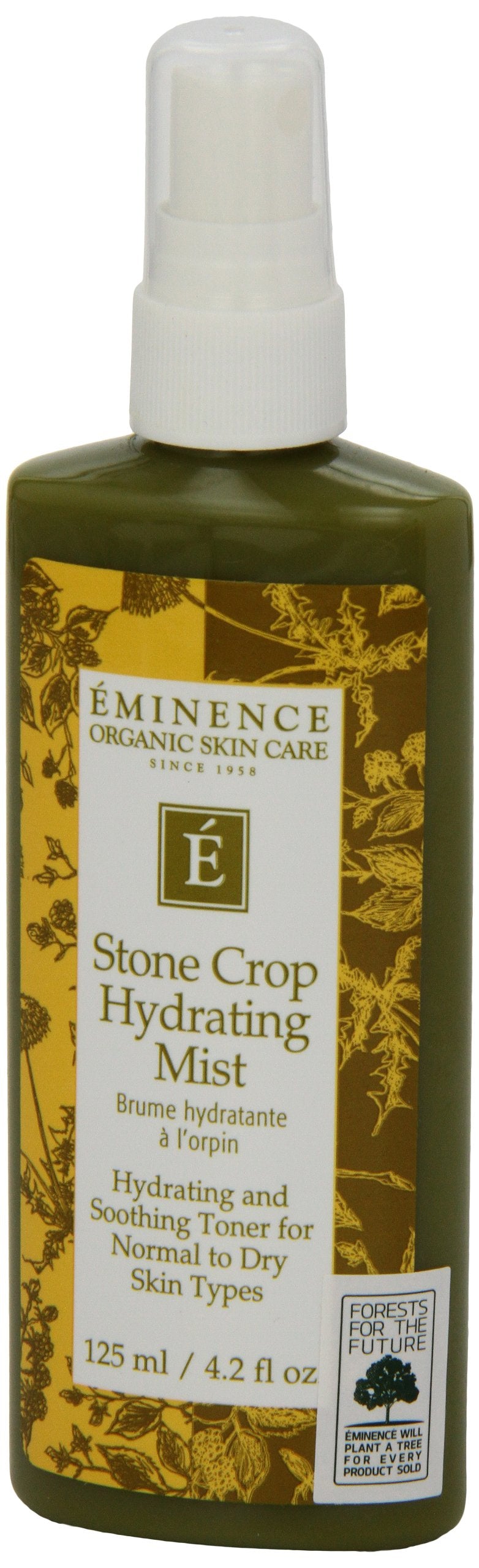 Eminence Organic Stone Crop Hydrating Mist in a 4.2 oz spray bottle, with clear labeling and a refreshing skincare product.