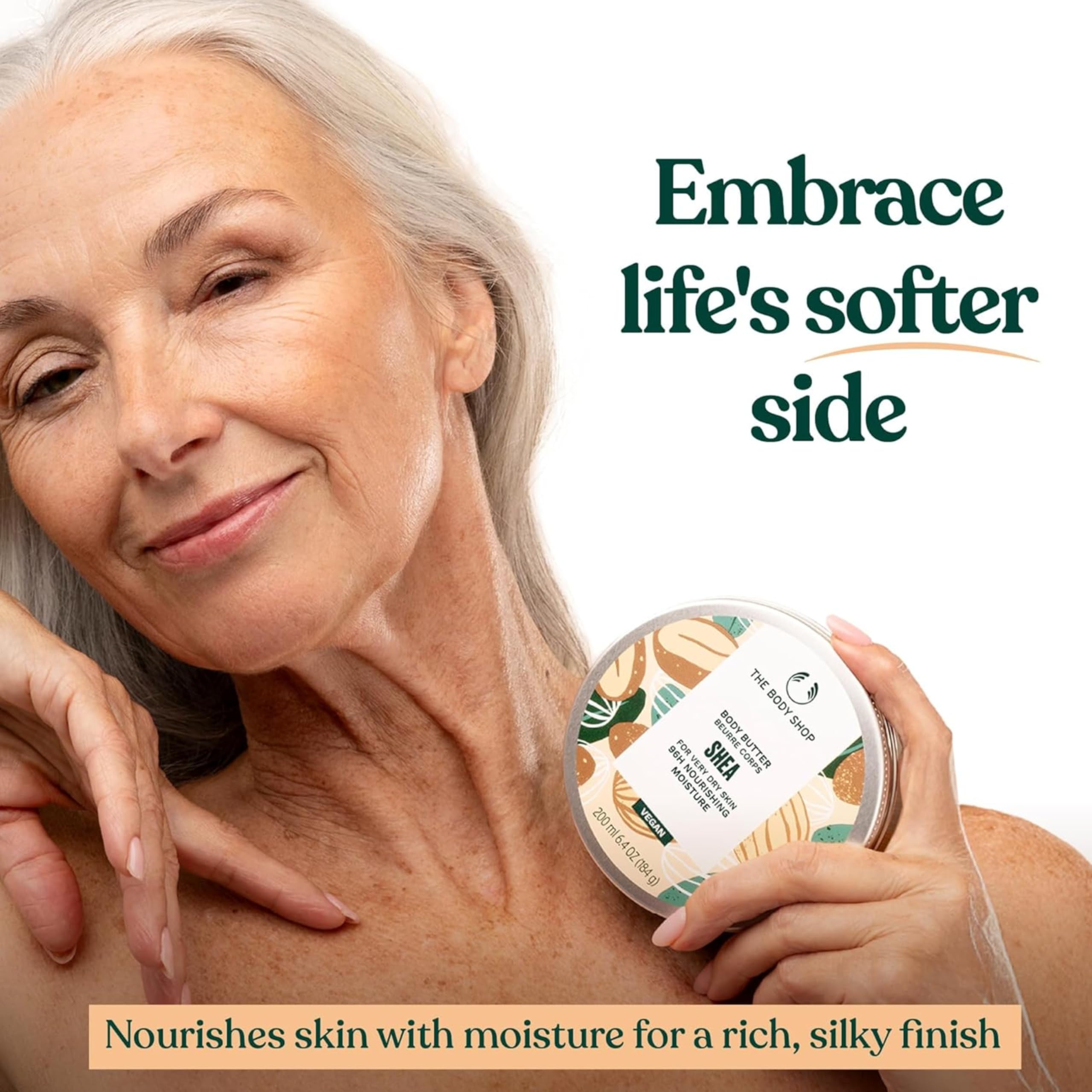 The Body Shop Shea Body Butter jar showing 6.4 oz size and creamy texture for long-lasting skin moisture.