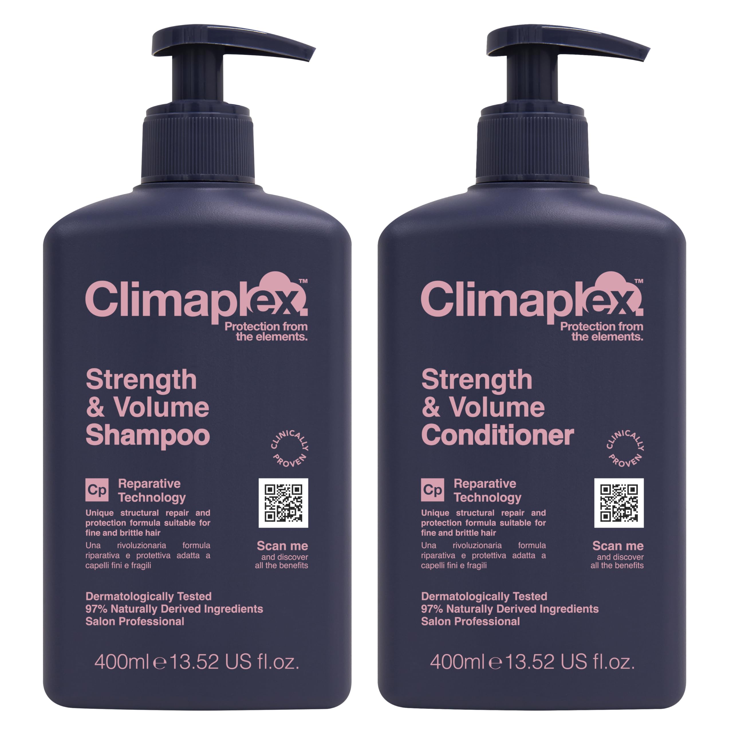 Climaplex Strength and Volume shampoo and conditioner set for all hair types, adding shine, detangling knots, and moisturizing.