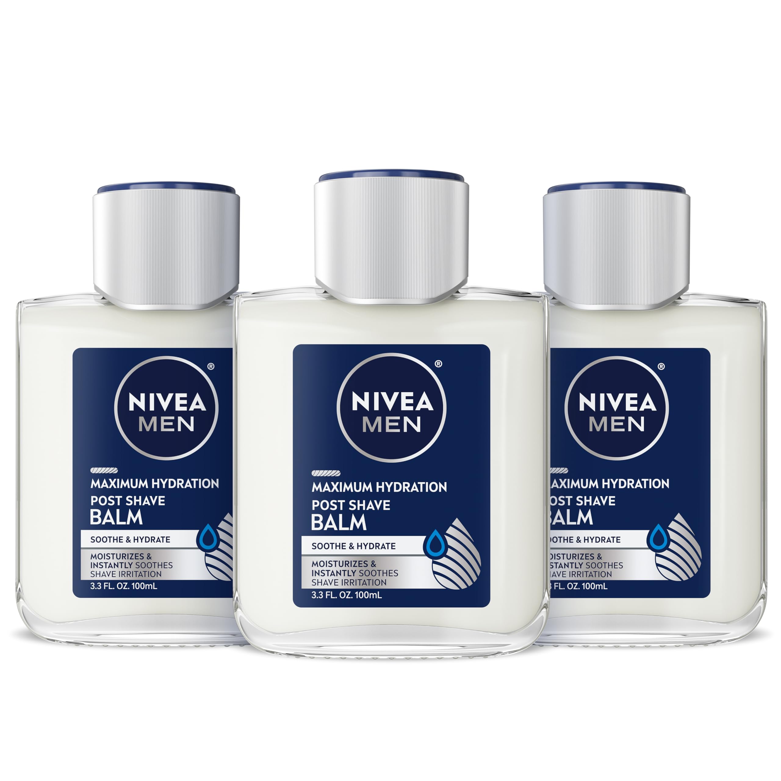 NIVEA MEN Maximum Hydration Post Shave Balm in a multipack, featuring three 3.3 fl oz bottles for soothing post shave care.