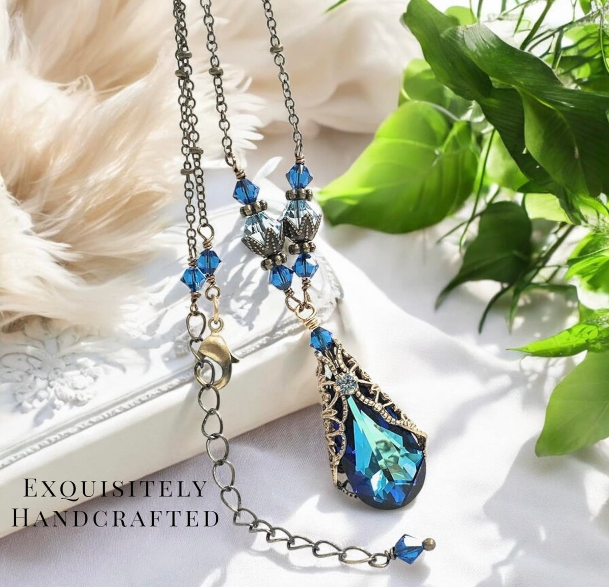 HisJewelsCreations Bermuda Blue Teardrop Pendant Filigree Necklace Jewelry for Women Gift for Her – close-up detail in B
