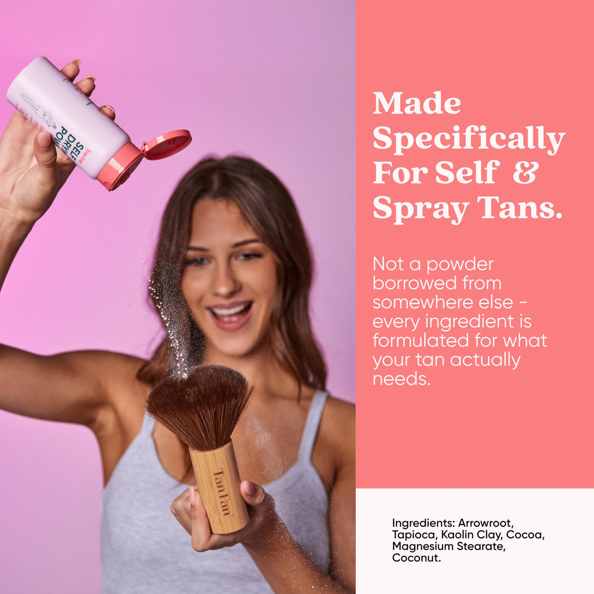 Tan Fan Self Tan Drying Powder Kit 3oz - Stop Sticky Feel After Tanning - Inc XL Soft Body Brush - For Spray, Fake, Grad