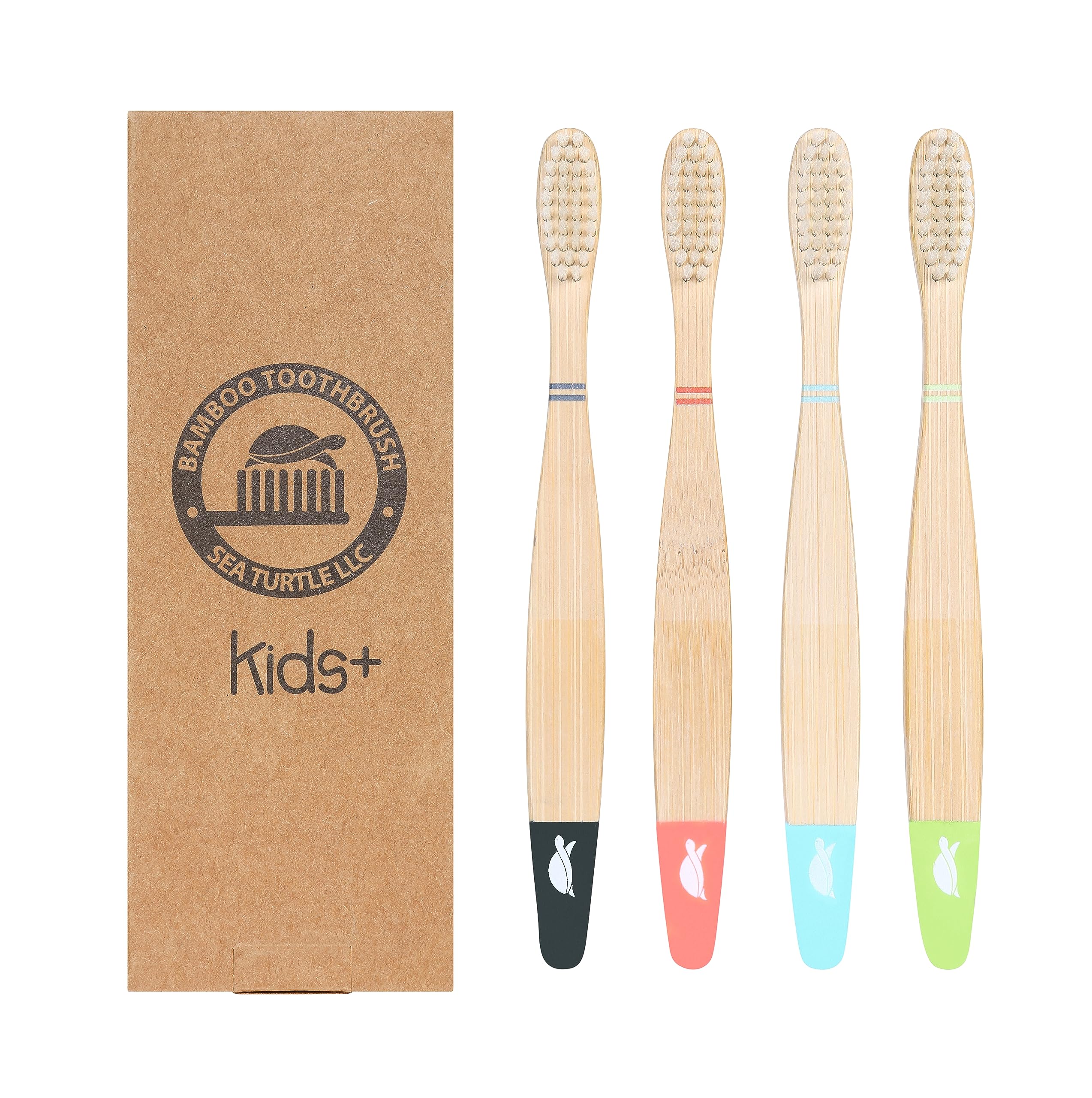 Sea Turtle bamboo kids toothbrush set with four toothbrushes featuring plant-based bristles and colorful animal designs.