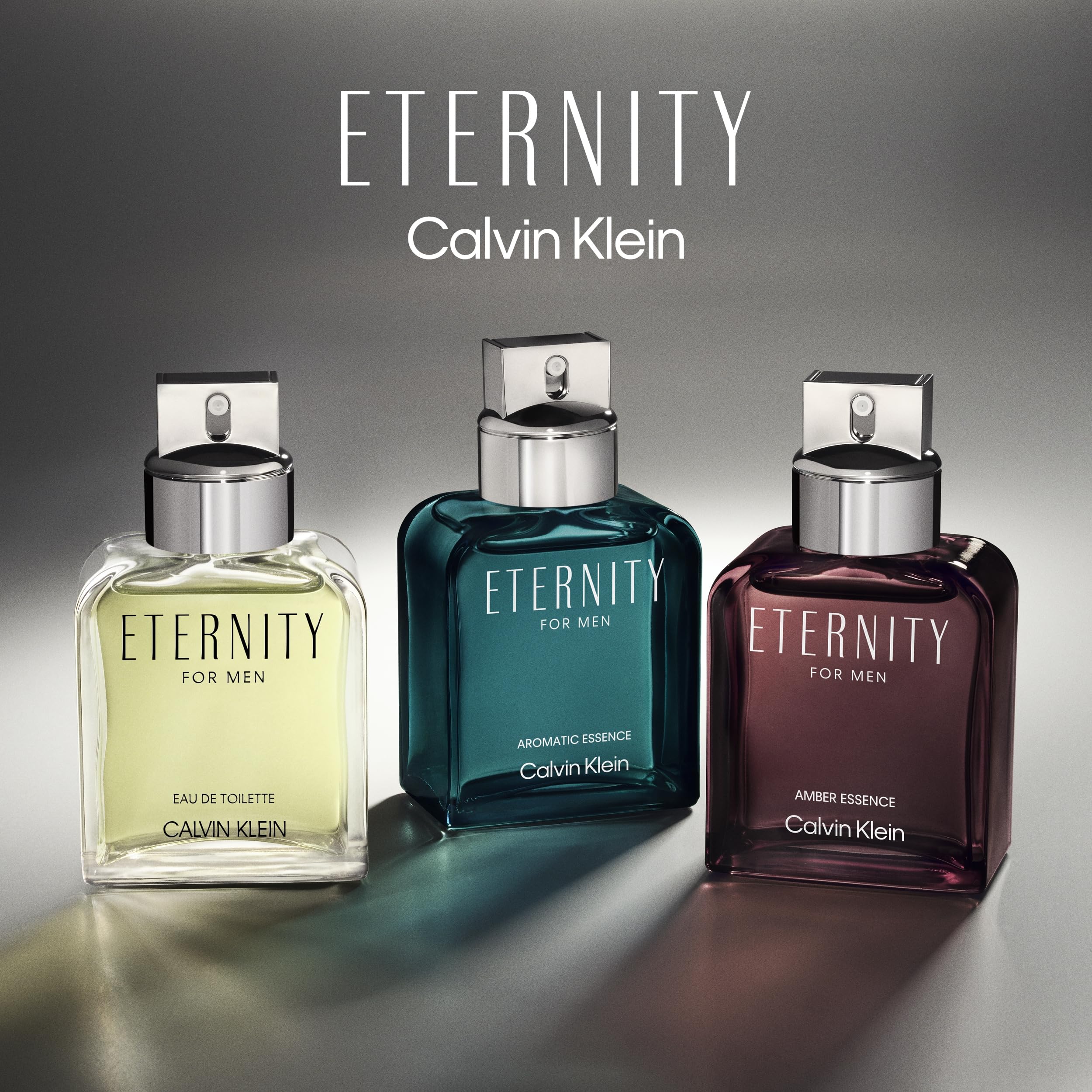 Calvin Klein Eternity for Men EDT perfume bottle, 3.3 fl oz, with sleek glass design and silver cap, personal fragrance for men.