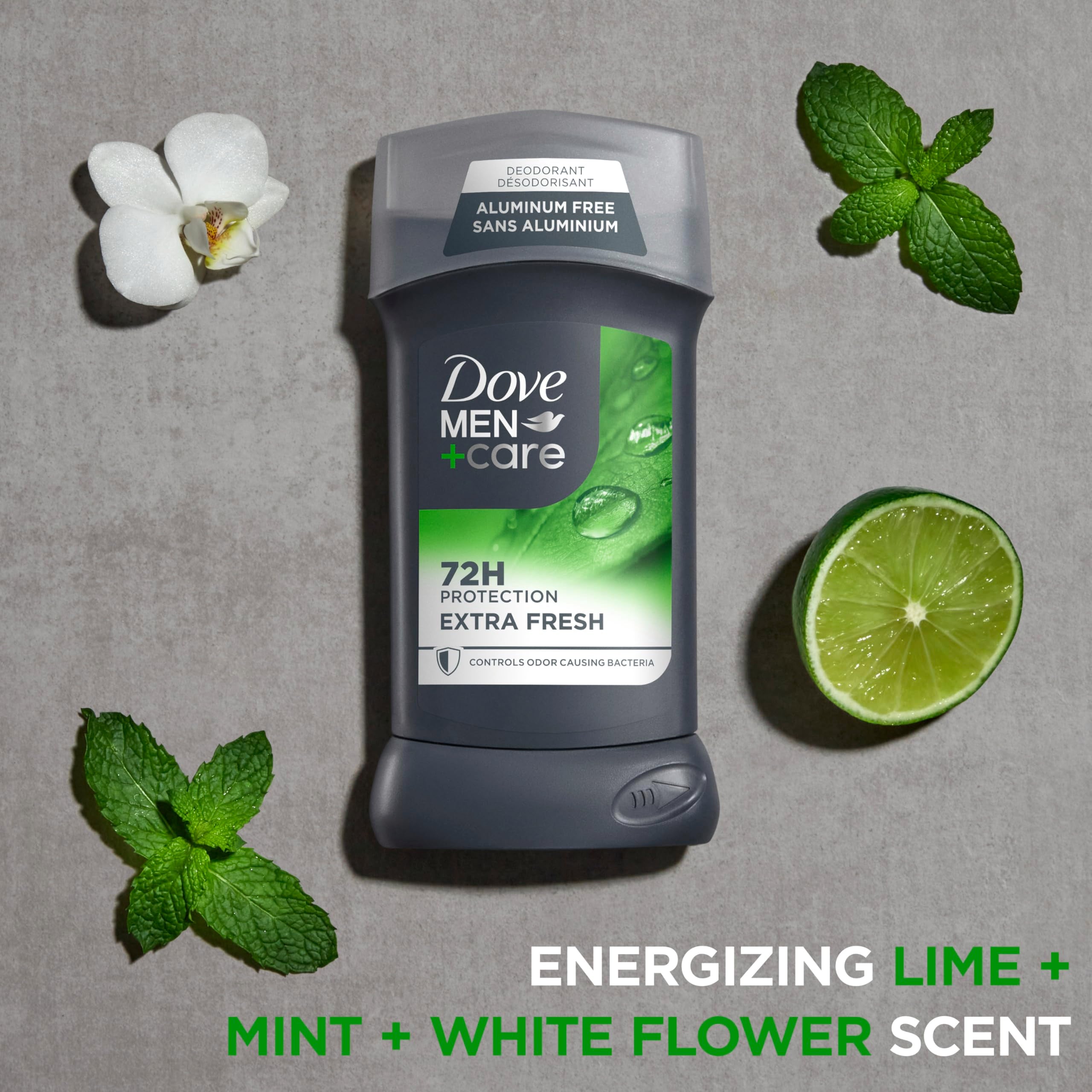 Dove Men+Care Extra Fresh deodorant stick, 3 oz, showing four sticks with blue and white packaging.