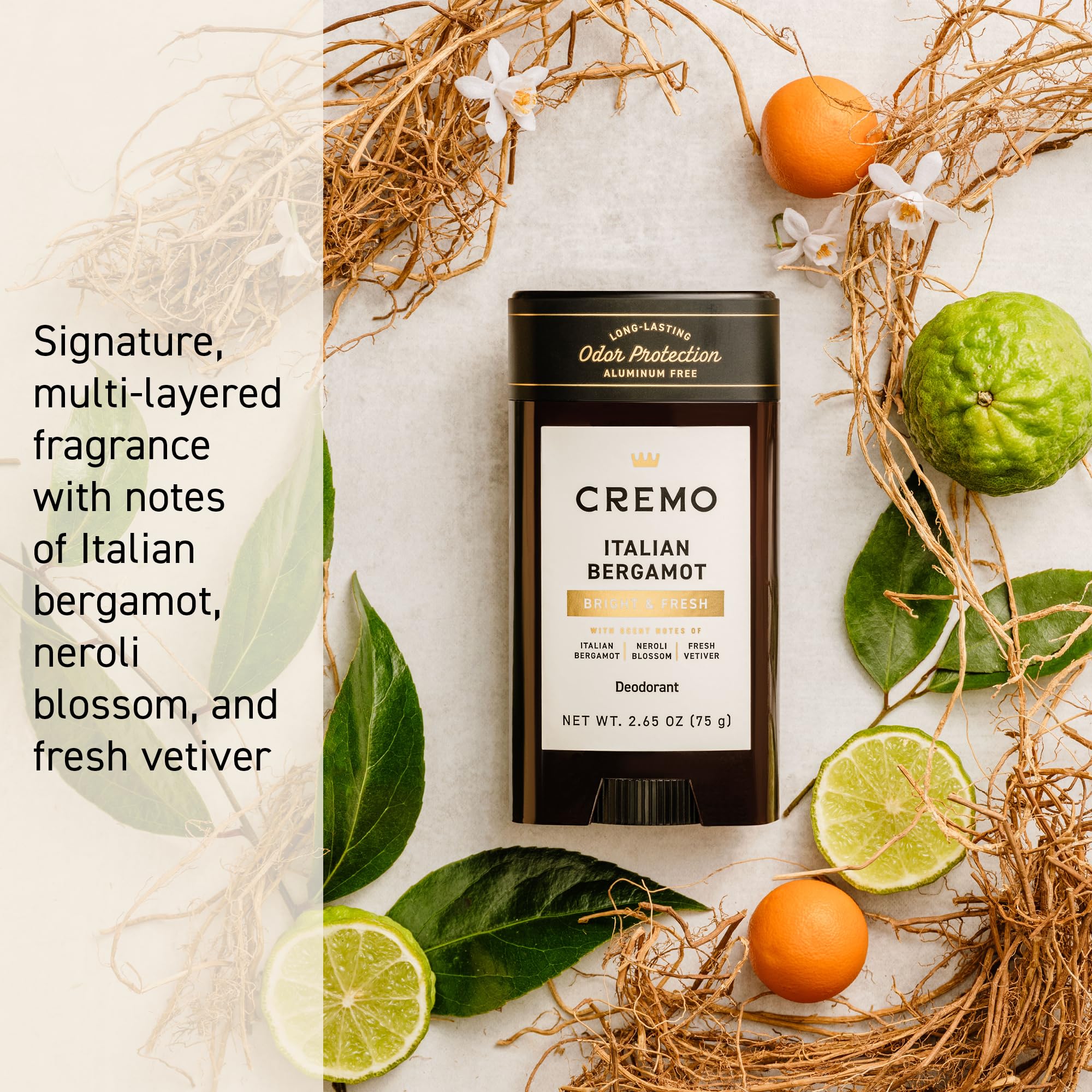 Cremo Italian Bergamot aluminum-free men's deodorant stick with fresh citrus scent and natural odor protection.