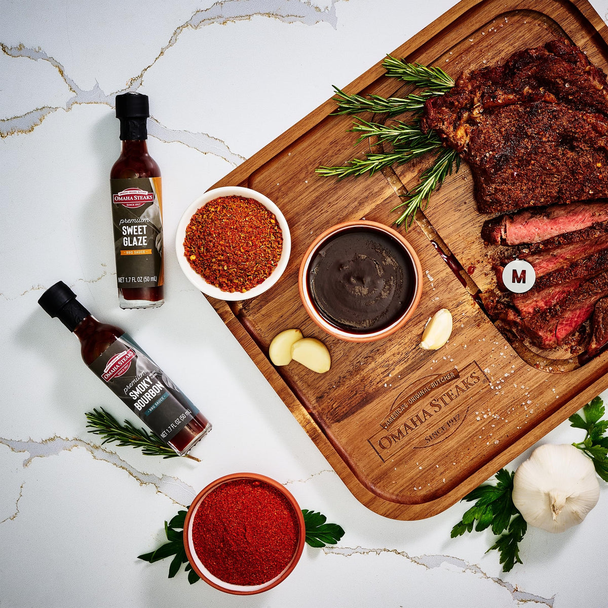 Omaha Steaks Grilling Gift Set Steak Plate BBQ Sauces - Thoughtfully Official Imagery - 8