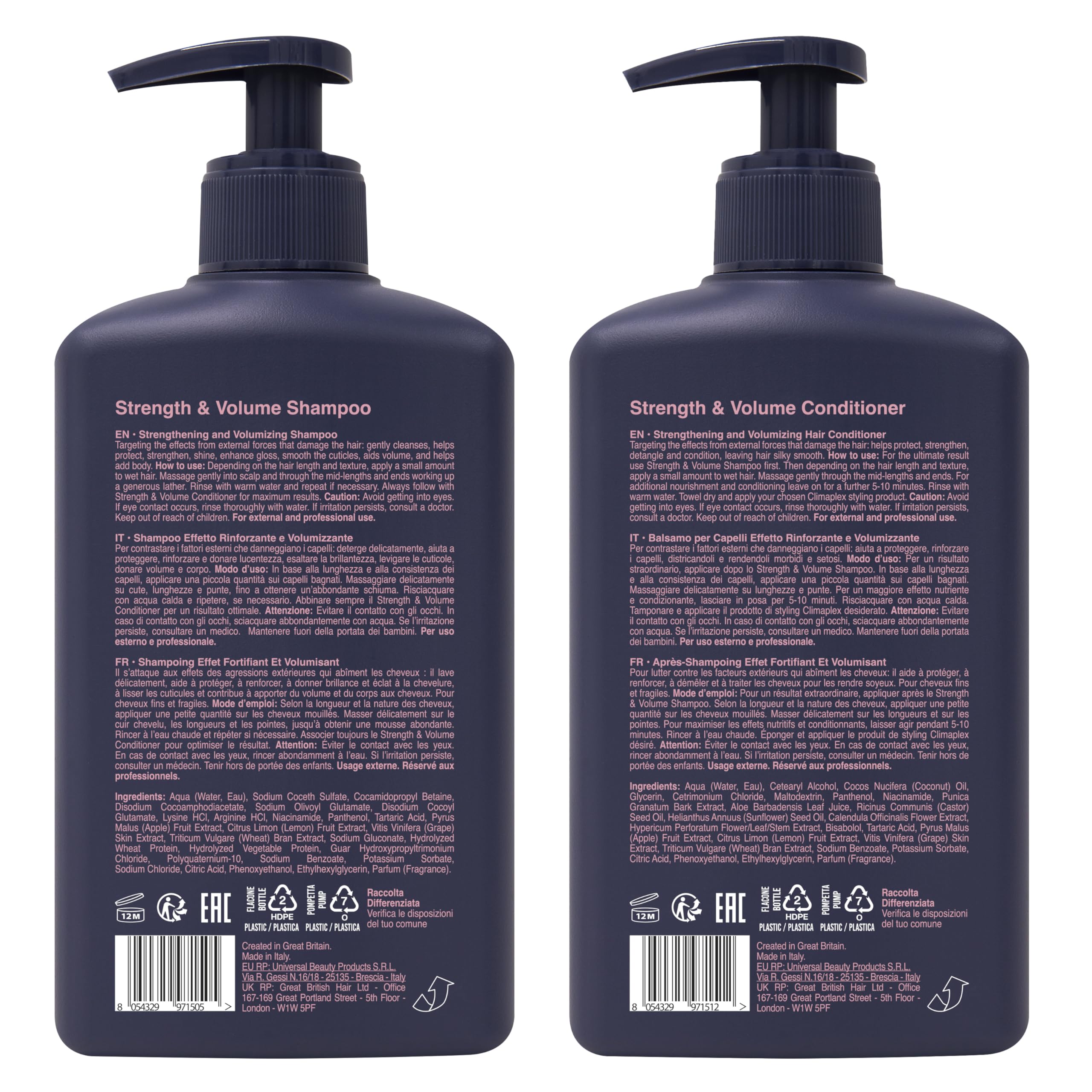 Climaplex Strength & Volume shampoo and conditioner set shown in white bottles with black caps, designed to boost hair strength and volume.