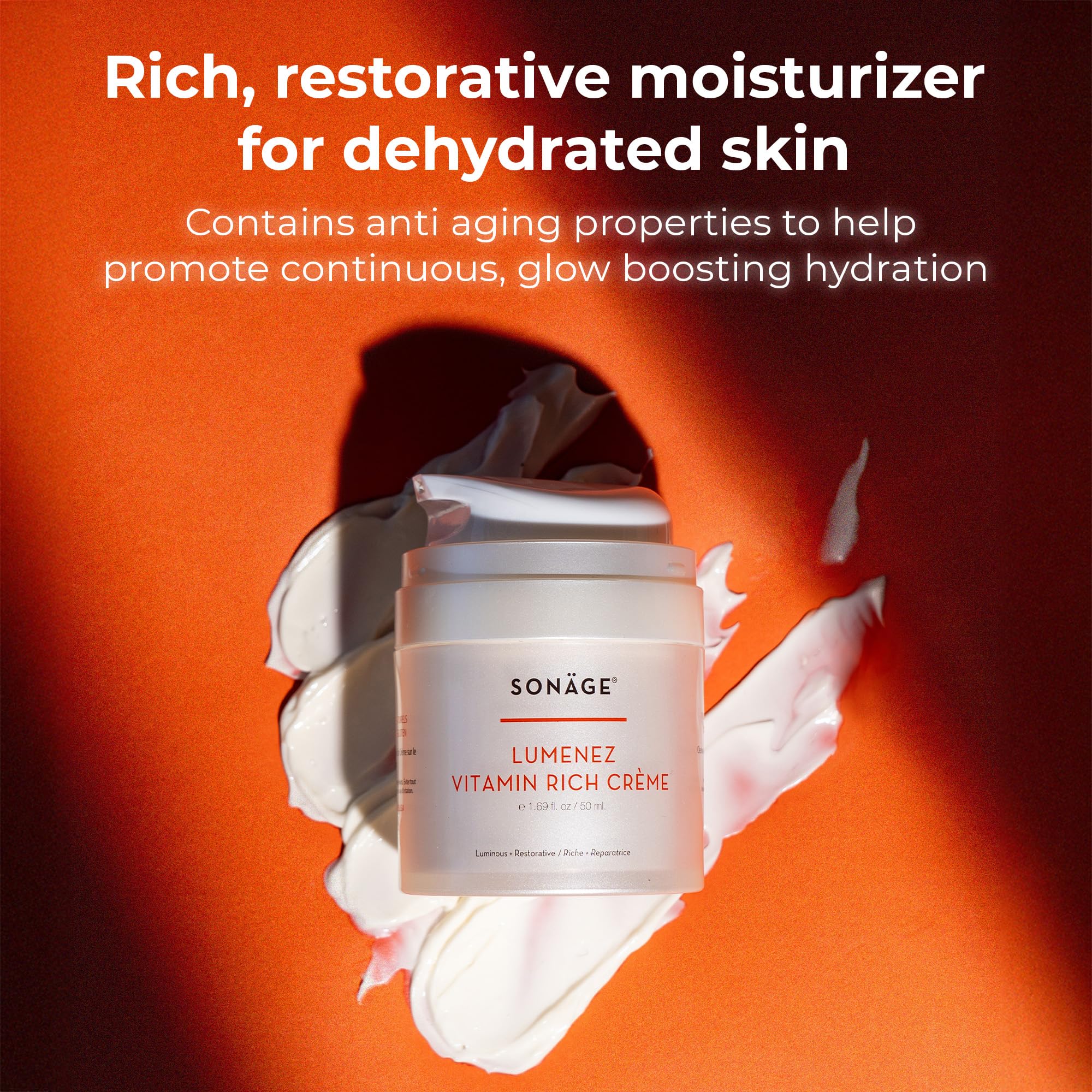 SONAGE Lumenez Vitamin C and E face moisturizer for dry skin in a 50 ml jar, hydrating and nourishing skincare product.