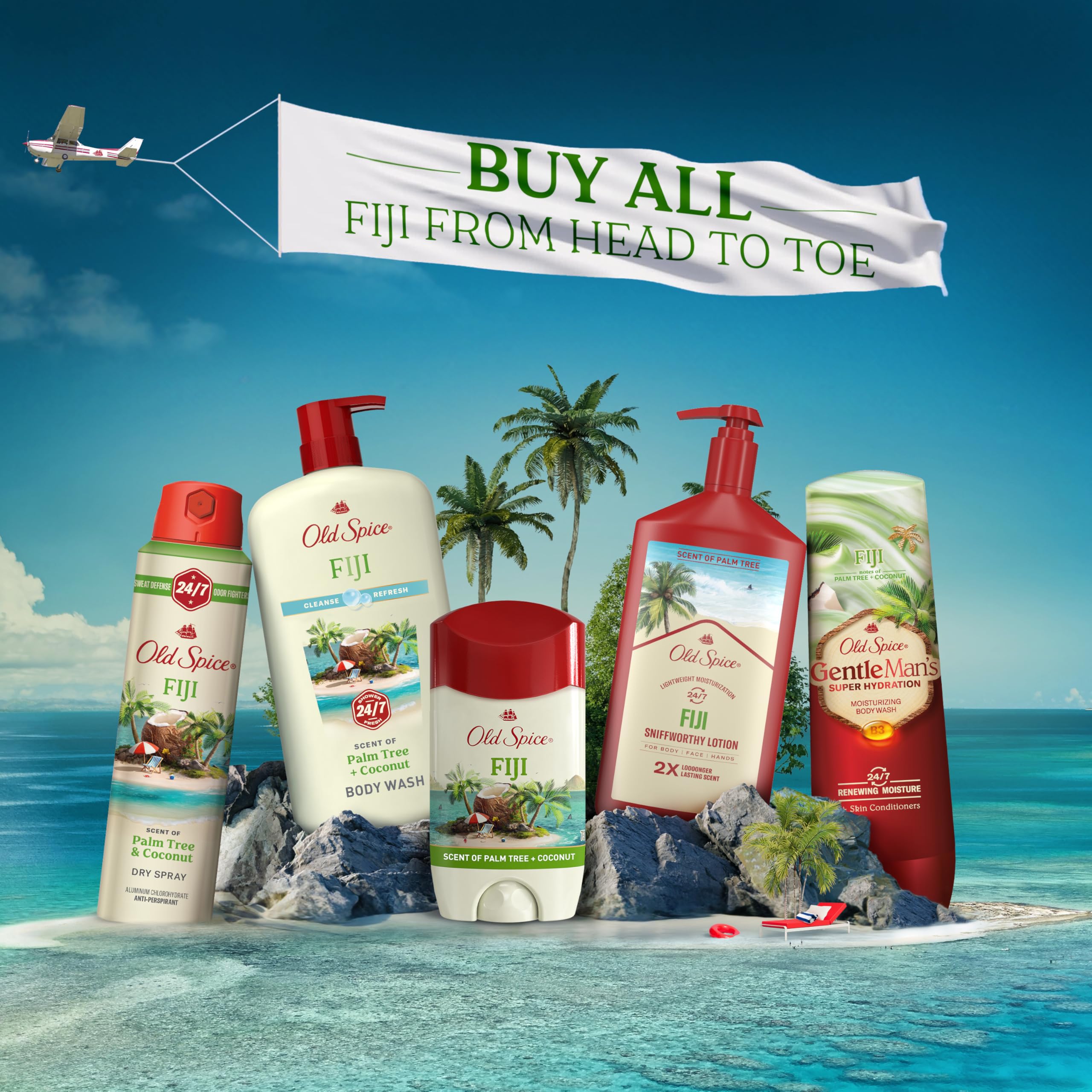 Old Spice men's body wash with Fiji coconut and palm scent, 18 oz bottle, pack of four, featuring vitamin B3 for gentle cleansing.