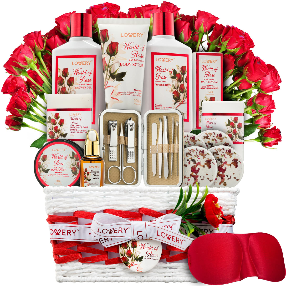 LOVERY Mothers Day Spa Gifts for Women, Bath and Body Gift Set, Red Rose Gift Basket, 35Piece Stress Relief Spa Kit, Tha