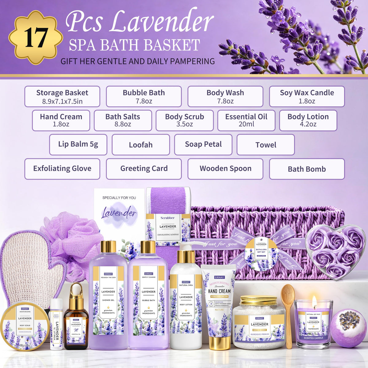 EIRNAY Spa Gifts for Women Birthday Gift Baskets Bath Set for Women Self Care Kit – close-up detail in Purple