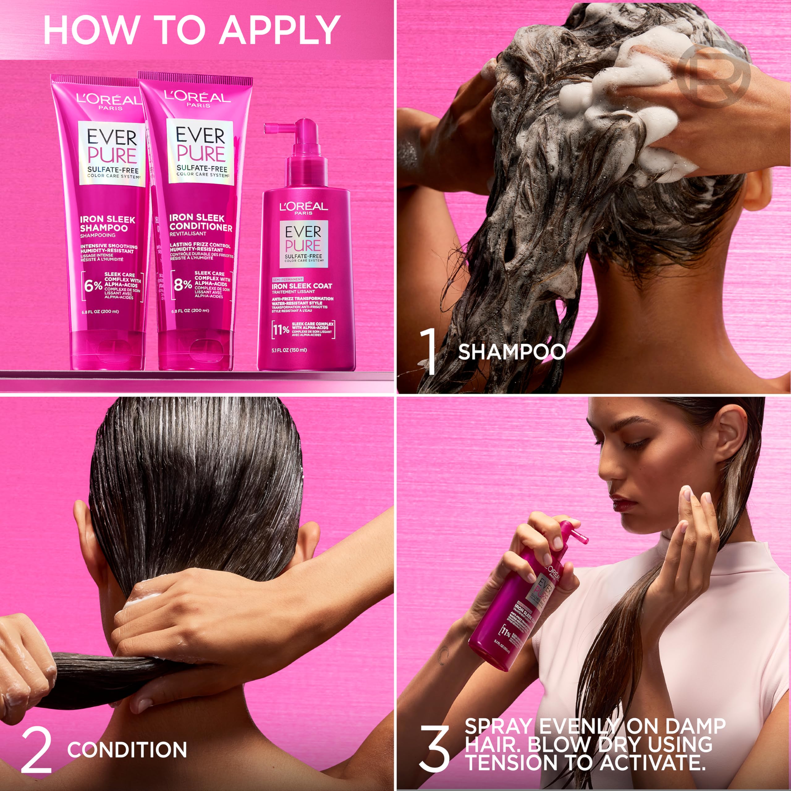 L'Oreal Paris Sulfate-Free Iron Sleek smoothing shampoo and conditioner set for frizz control and humidity resistance.
