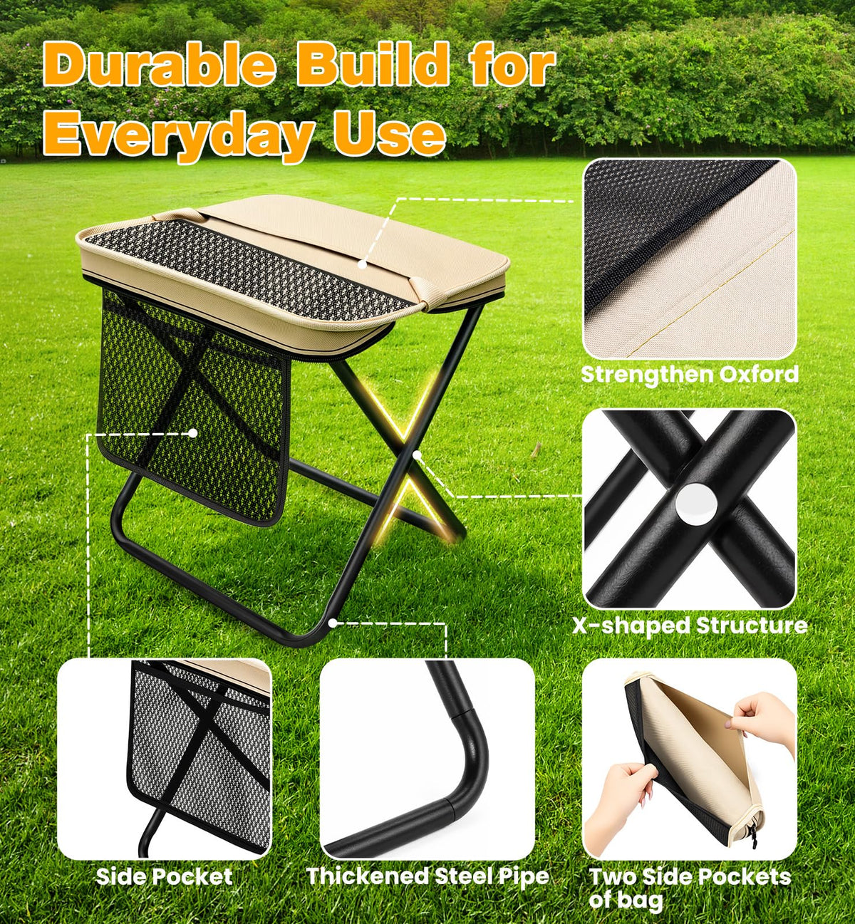 OrbitShell 2 Pcs XL Foldable Backpack Stool for Adults, 14.2" Wide Seat & Knee-Friendly Folding Stool Pocket Chair, 