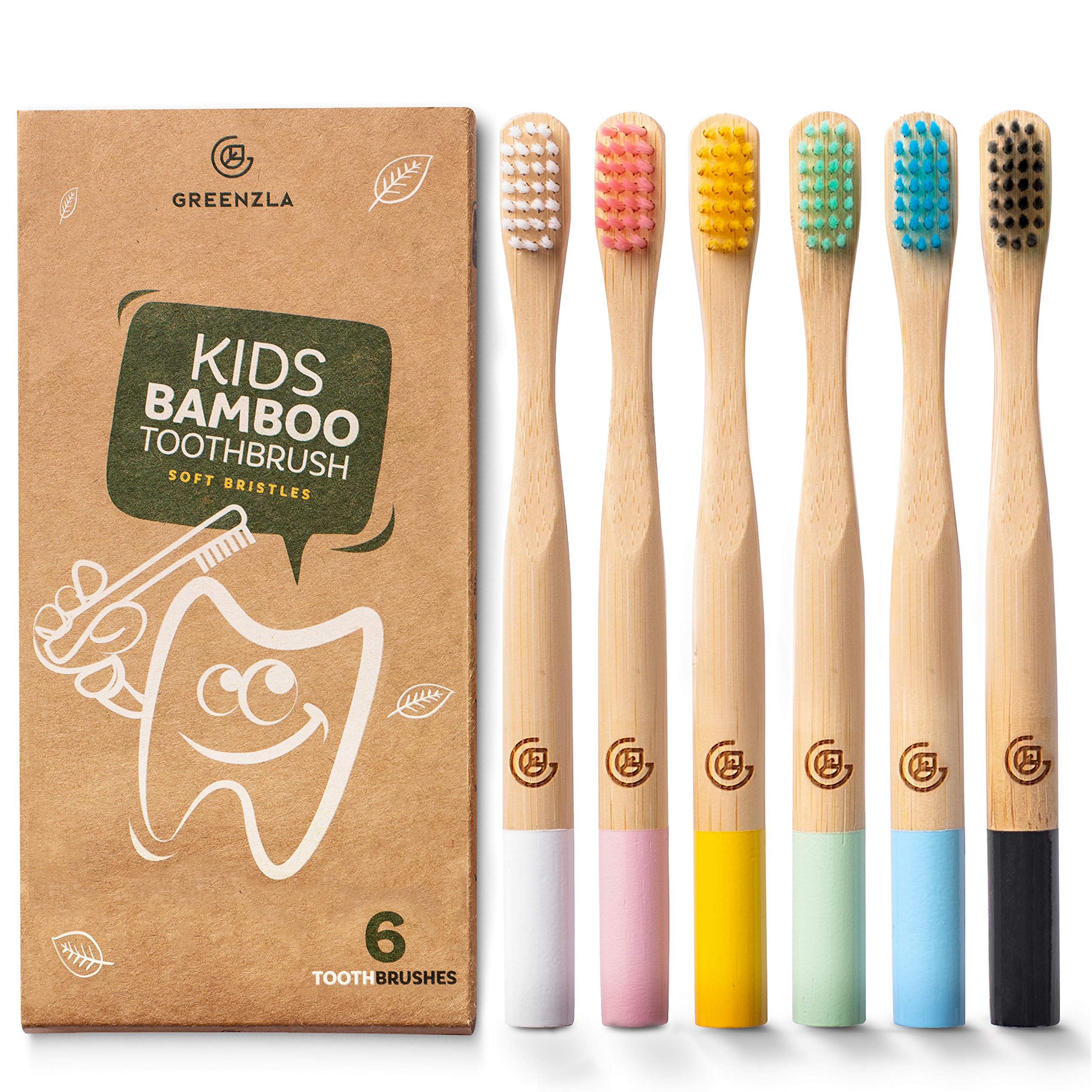 GREENZLA 6 Pack Kids Bamboo Toothbrush | Soft Charcoal Bristles - Product Imagery