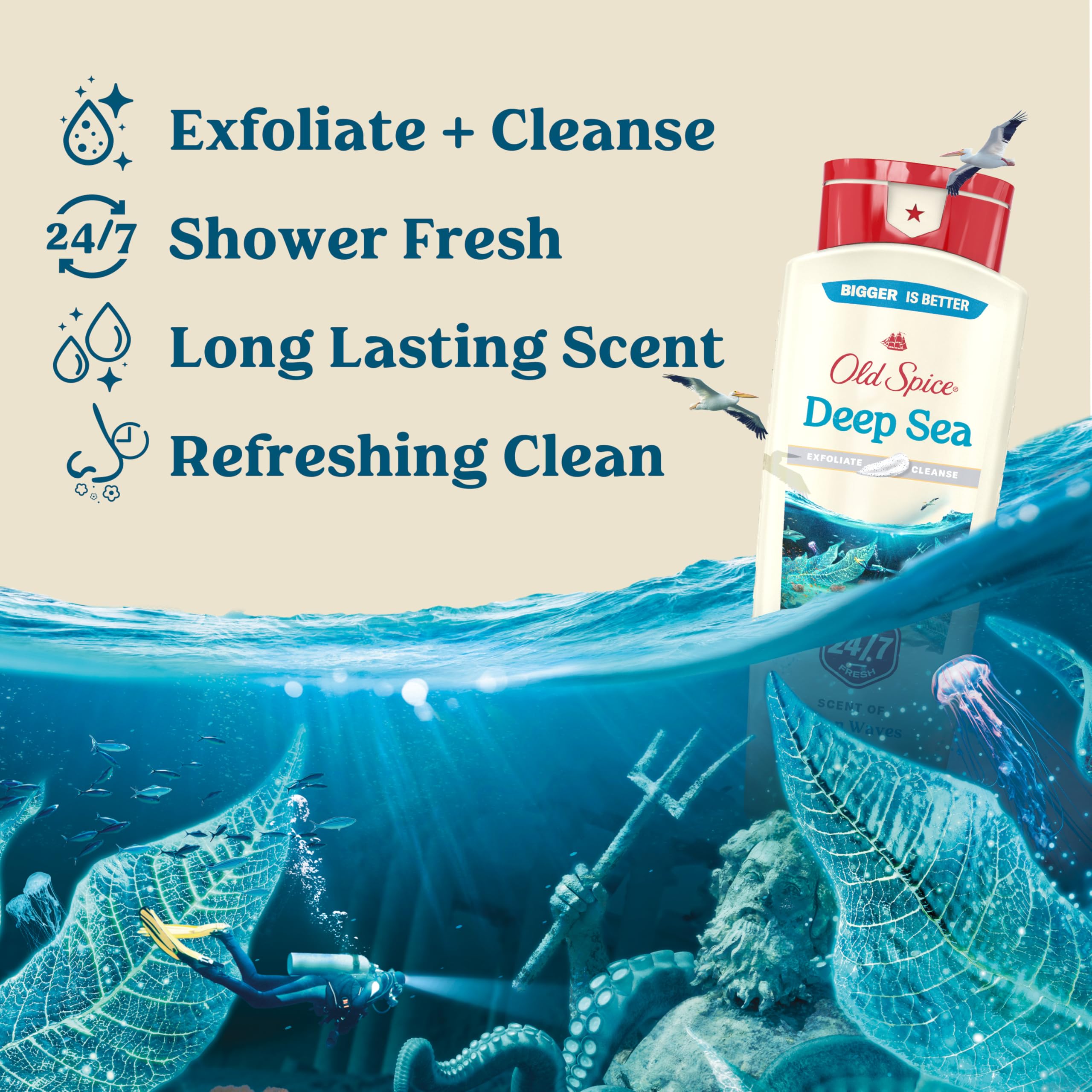 Old Spice men's 24/7 shower fresh body wash in a bottle with ocean wave and kelp scent, exfoliates and cleanses skin, 18 oz pack of 4