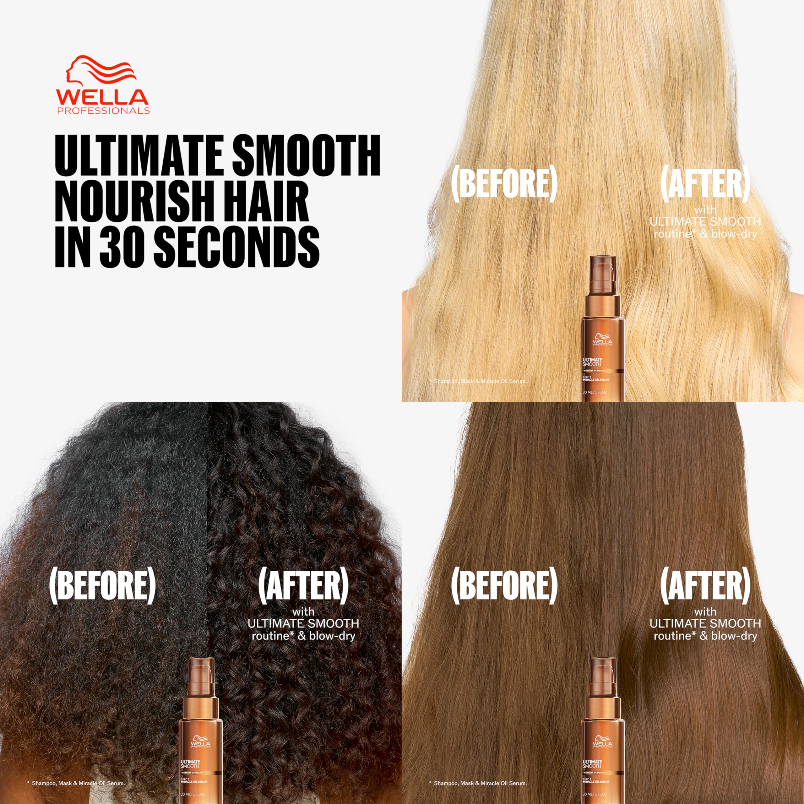Wella Professionals Ultimate Smooth Miracle Oil Serum with squalane for shiny, smooth hair, displayed in a clear bottle with pump.