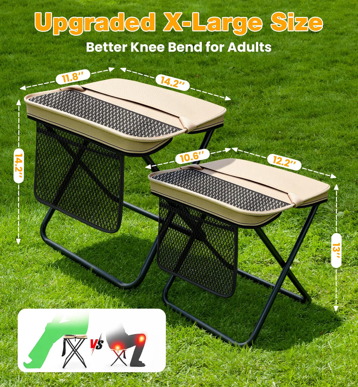 OrbitShell 2 Pcs XL Foldable Backpack Stool for Adults, 14.2" Wide Seat & Knee-Friendly Folding Stool Pocket Chair, 