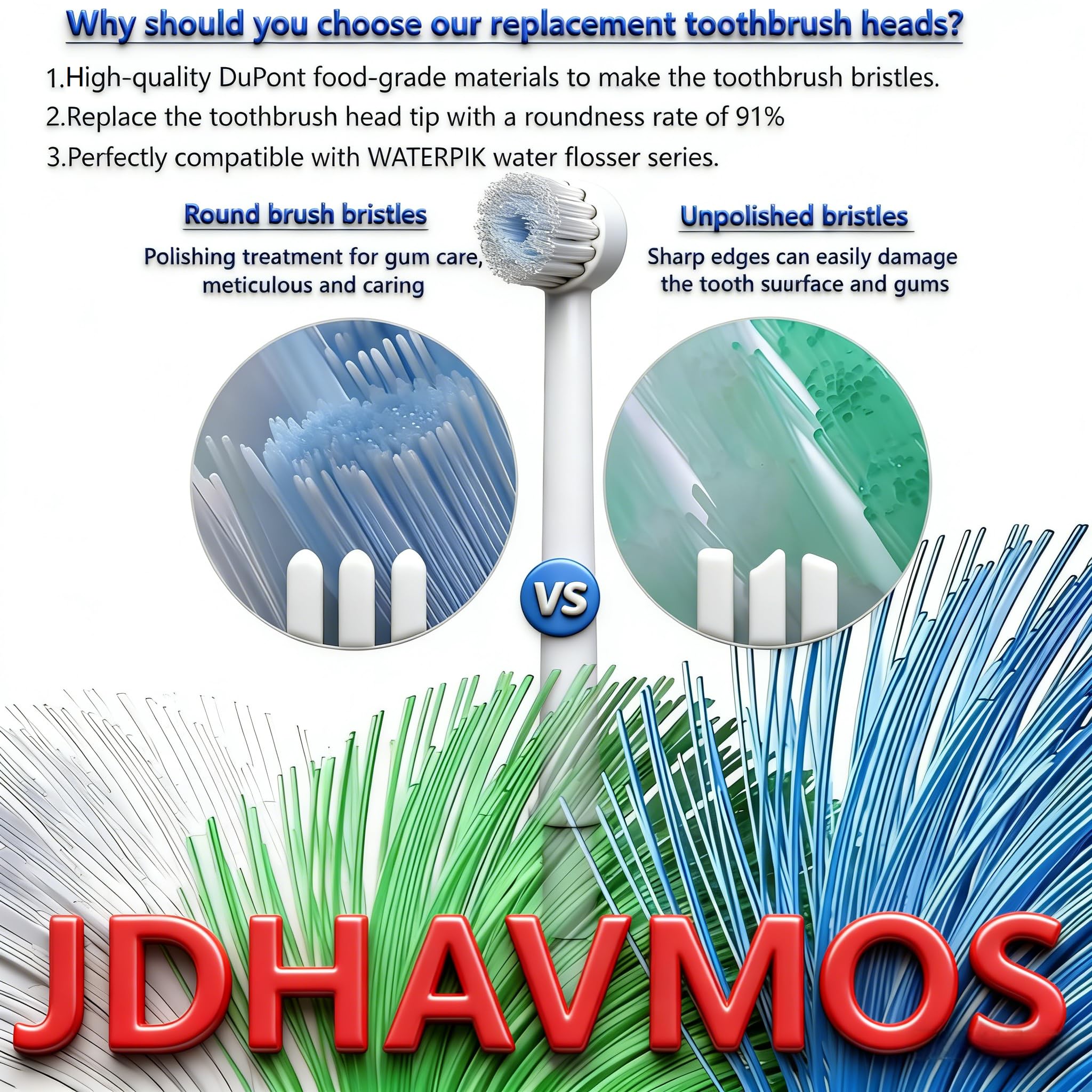 JDHAVMOS Waterpik compatible oral irrigator replacement brush heads, 3-pack, for effective dental cleaning and gum health.